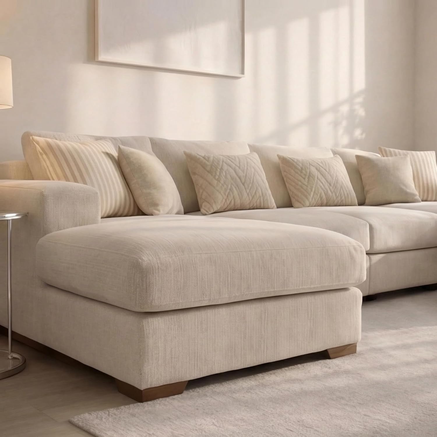 Sofaya Linen U Shaped Plain Sofa Full Back Sectional Chaise Sofa – Upholstered Fabric Couch with Cushions 4-5 Seater Sofa for Living Rooms (Cream Linen, U-Shaped Sofa)