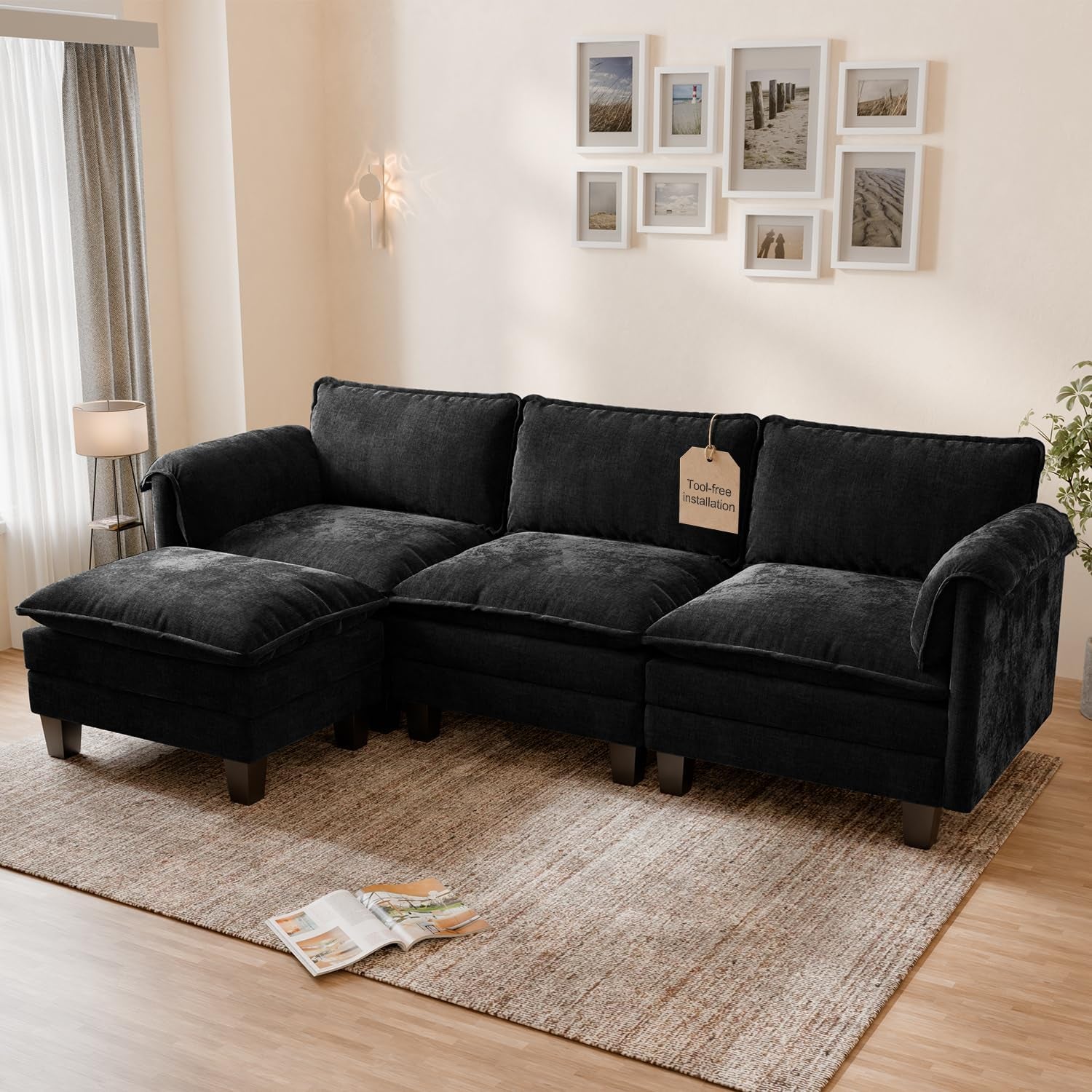 Modular Cloud Sofa, 256Cm Wide L-Shaped Sofa with Ottoman, Modern Chenille 3 Seater Corner Couch with 62Cm Deep Seat, Tool-Free Assembly for Living Room, Apartments & Guest Room, Black