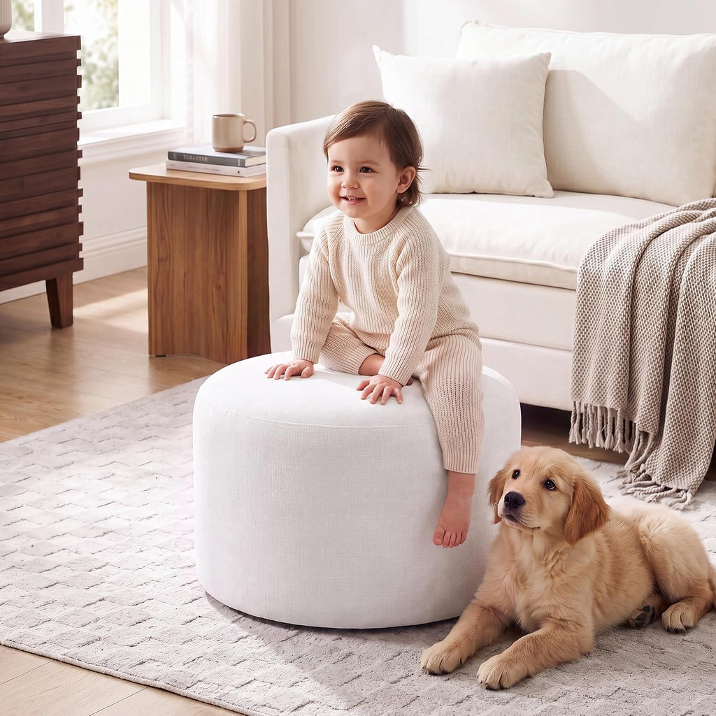 round Ottoman Foot Stool, Large Pouffe Footstool, White | Chenille Upholstered Foot Rest, Wood Frame, 57.5Cm Width, 120Kg Capacity, No Assembly Stool for Living Room Bedroom Hallway