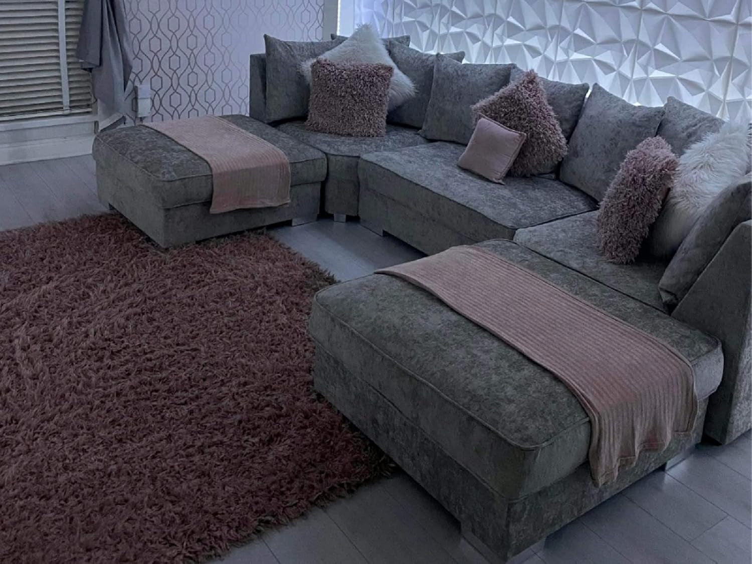 Alaska Truffle L or U Shaped Corner Sofa | Large Footstools | Warranty Included | Chenille Fabric | L Shape U Shape (Scatterback), Grey