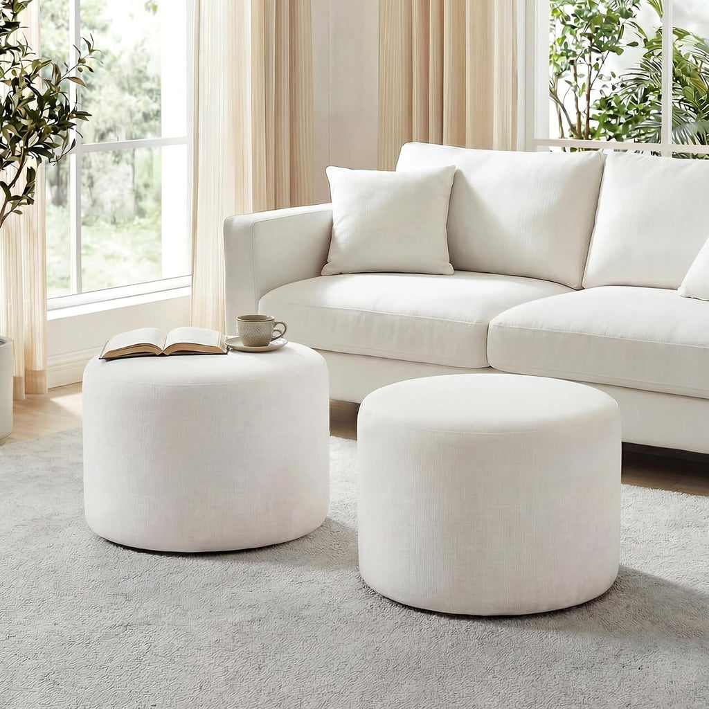 round Ottoman Foot Stool, Large Pouffe Footstool, White | Chenille Upholstered Foot Rest, Wood Frame, 57.5Cm Width, 120Kg Capacity, No Assembly Stool for Living Room Bedroom Hallway
