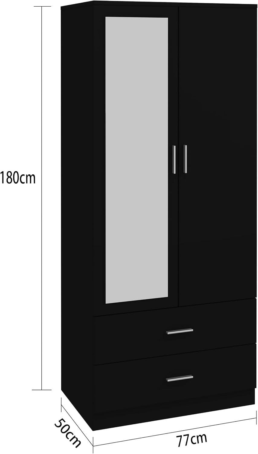 2 Door 2 Drawers Mirrored Wardrobe with Hanging Rail Wooden Clothes Storage Cupboards Unit for Bedroom Furniture 77 X 50 X 180 Cm (Black)