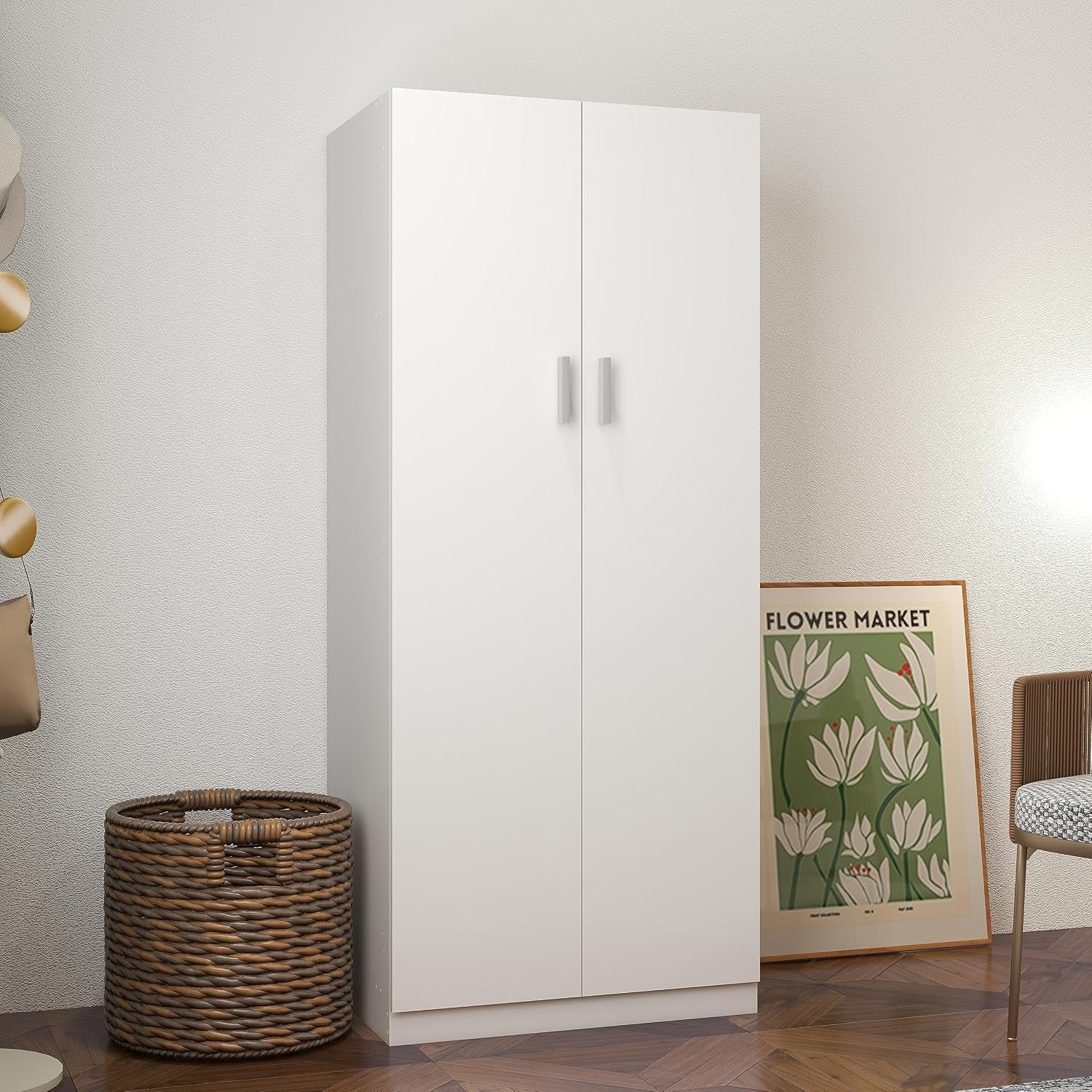 Wooden 2 Door Wardrobe with Shelf and Hanging Rail Modern Clothes Storage Cupboards Unit for Bedroom Furniture W 72 X D 49 X H 169 Cm (White)