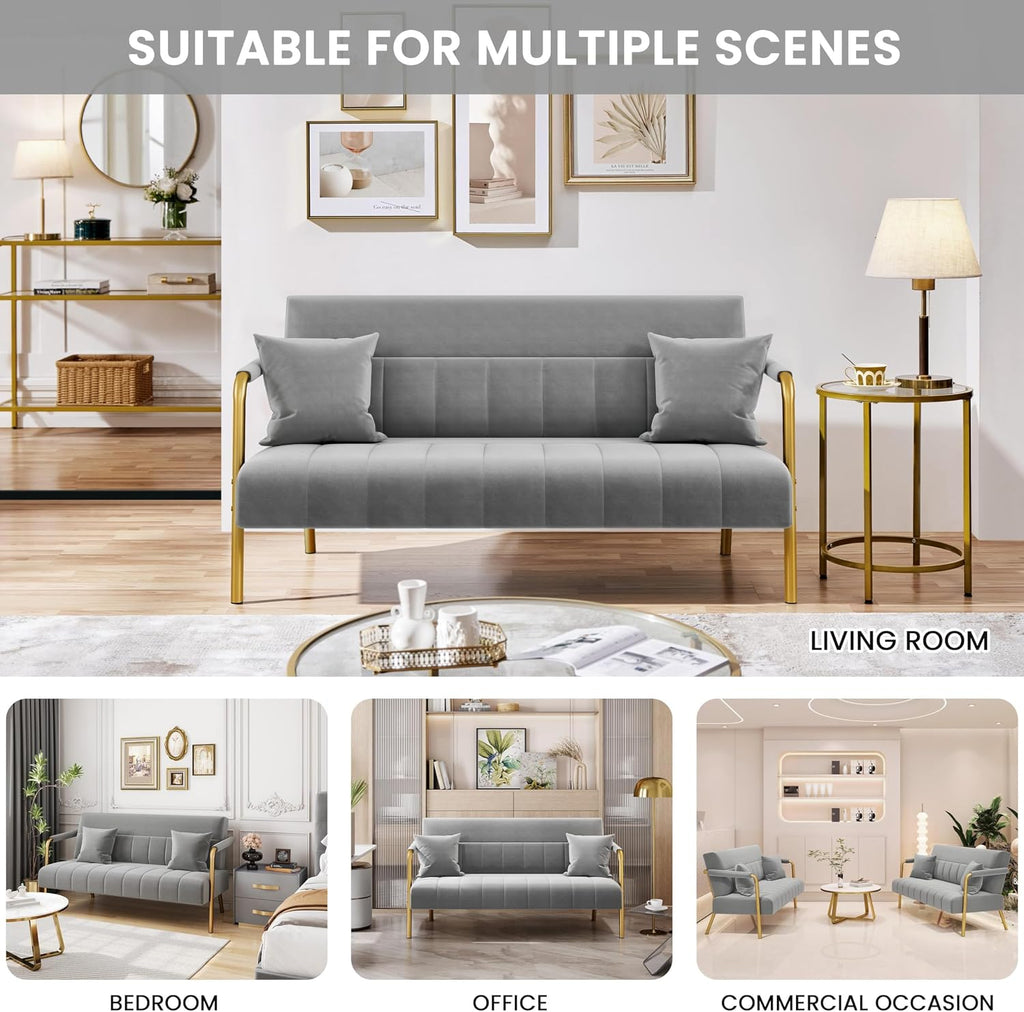 Light Grey 2 Seater Sofa, Velvet Small Compact Loveseat Couch | Upholstered Sofa Bed, Golden Metal Arms and Legs, Small Space for Apartment Bedroom Living Room, Easily Assembly