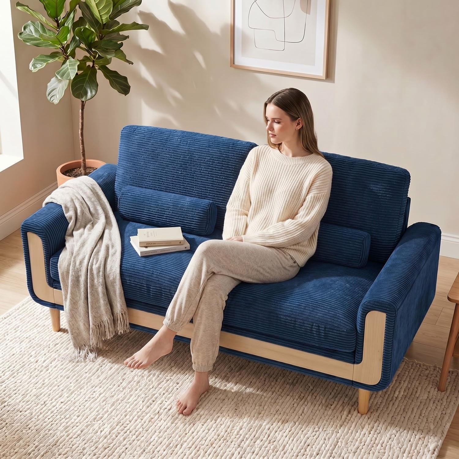 Large 2 Seater Sofa in Corduroy with Bolster Cushions, Blue | 175 Cm Wide, 146 Cm Seat, 51 Cm Seat Depth, 15 Cm High Legs, Solid Wood Frame, Corduroy Upholstery