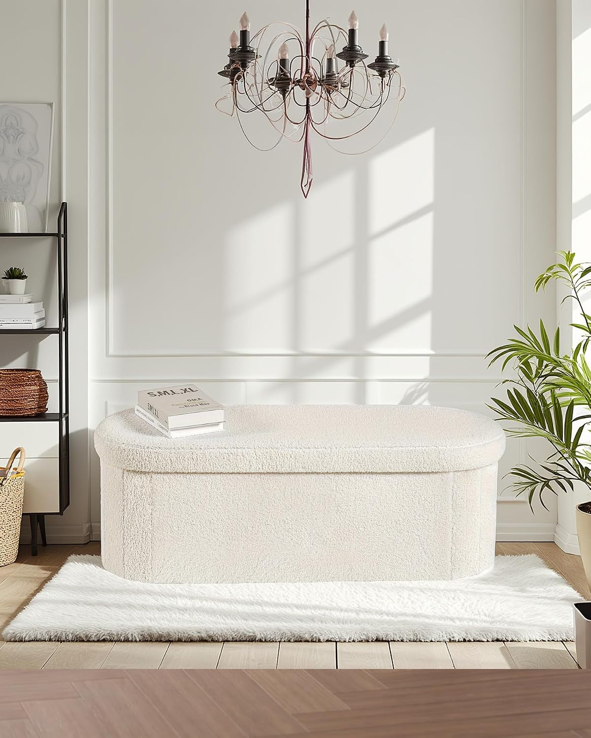 Folding Ottoman Storage Bench,Boucle Footstool Oval, End of Bed Stool, Ideal for Living Room, Bedroom, 100L Storage Space,Cream,110X38X38Cm