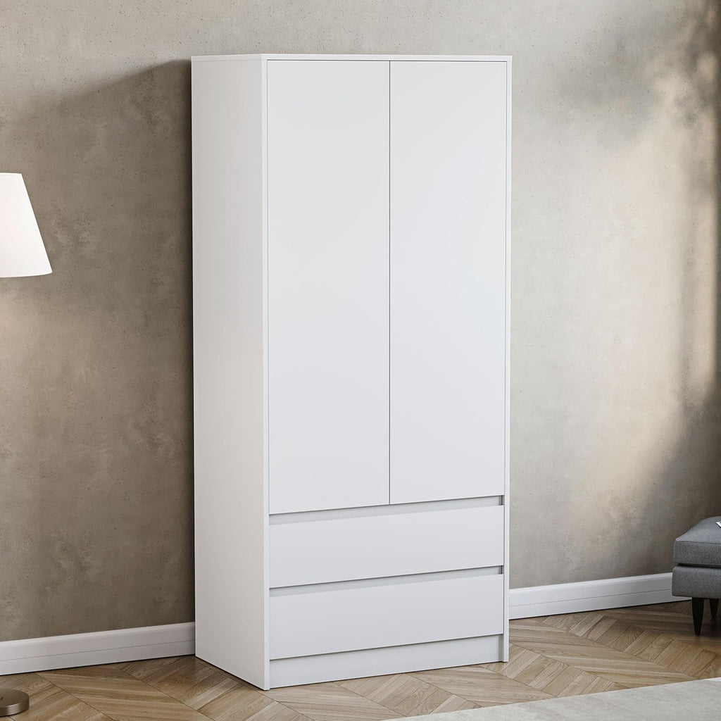 Denver 2 Door & 2 Drawer Wardrobe | White | Bedroom Furniture | 174H X 76W X 53D Cm | with Spacious Drawers & Hanging Rail | Large Capacity Storage