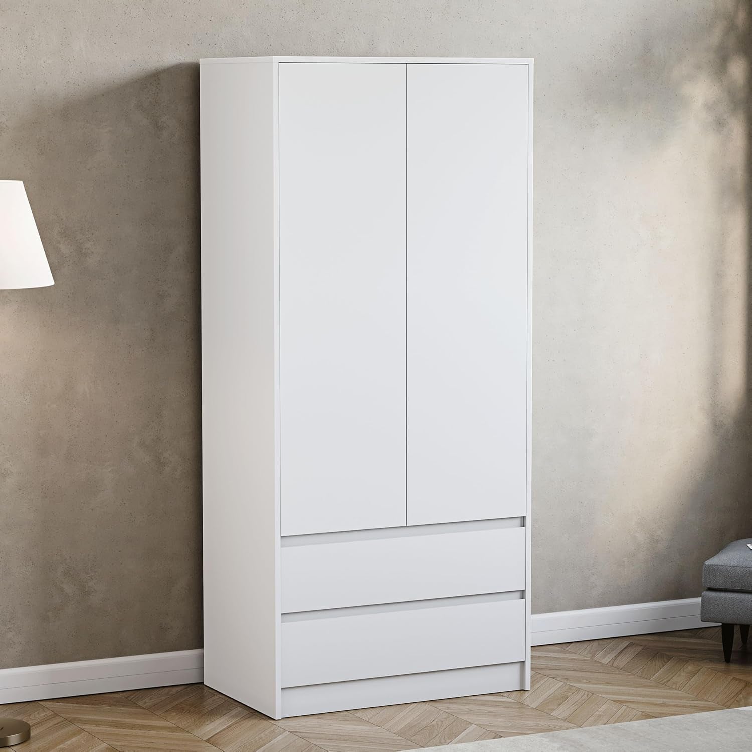 Denver 2 Door & 2 Drawer Wardrobe | White | Bedroom Furniture | 174H X 76W X 53D Cm | with Spacious Drawers & Hanging Rail | Large Capacity Storage