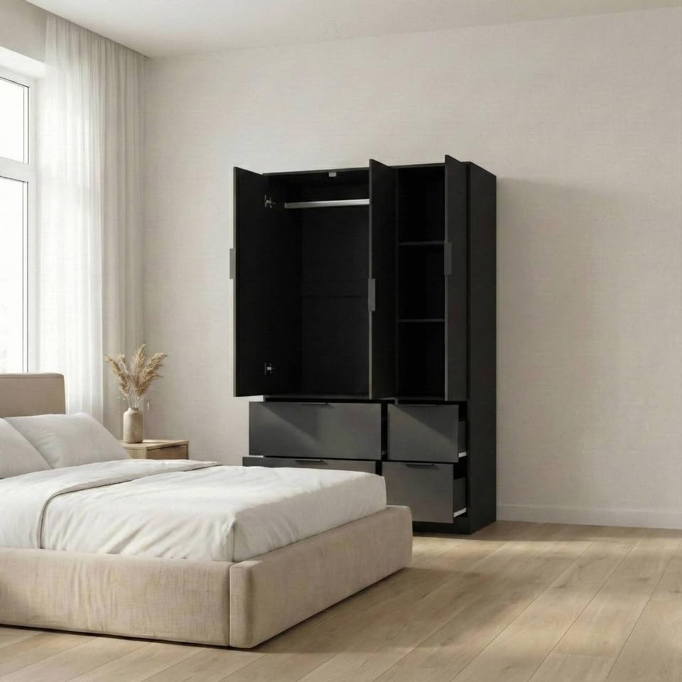 3 Door Wardrobe with 4 Drawers – Wooden Bedroom Storage Cupboard with Hanging Rail for Clothes - Black Unit & Black Doors & Drawers