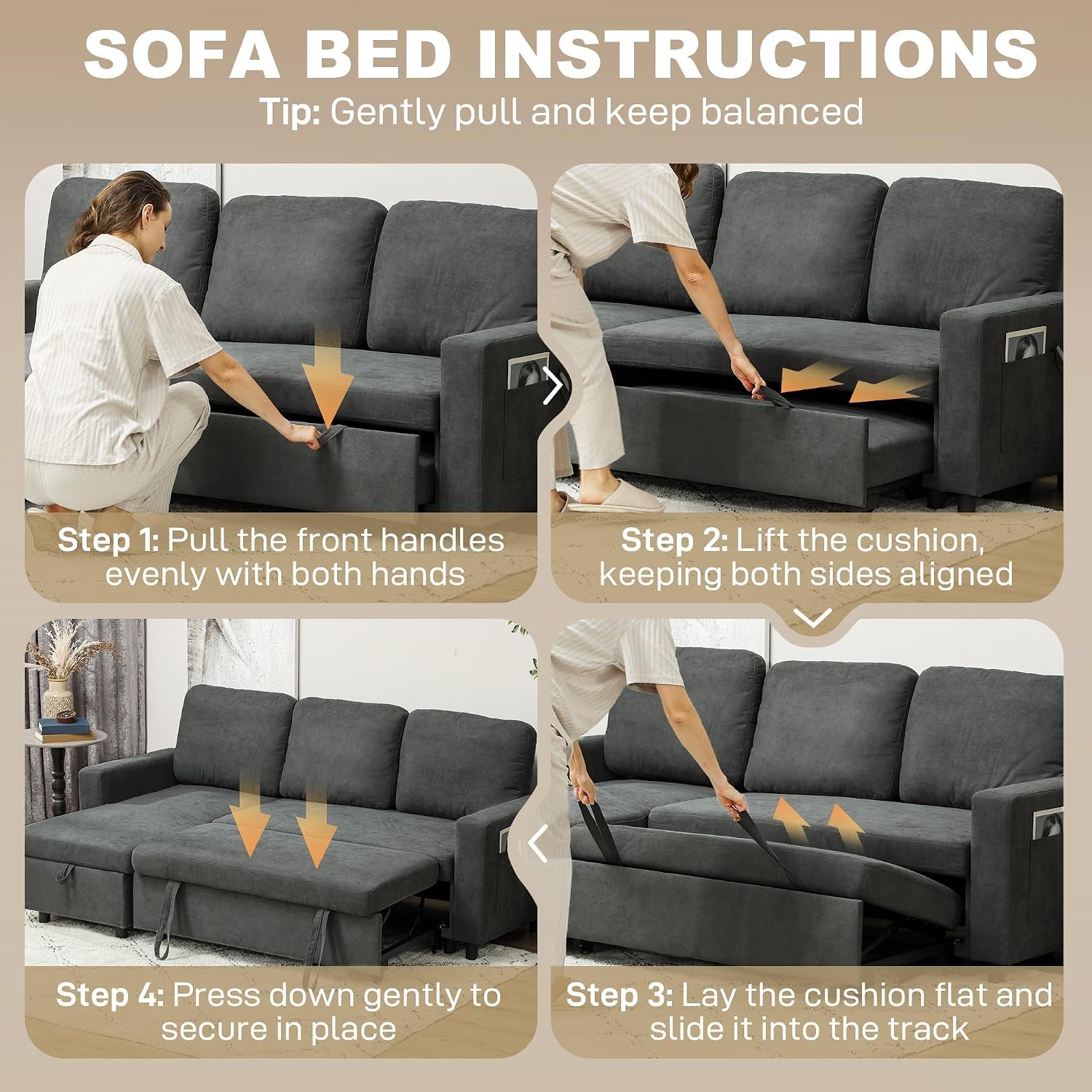 Sofa Bed with Storage Convertible L Shaped Couch Charcoal Grey | Corner Sleeper Couch, 3 Seater Pull Out Sofa Bed, Reversible Chaise, Side Pockets, Living Room, Bedroom, Small Spaces