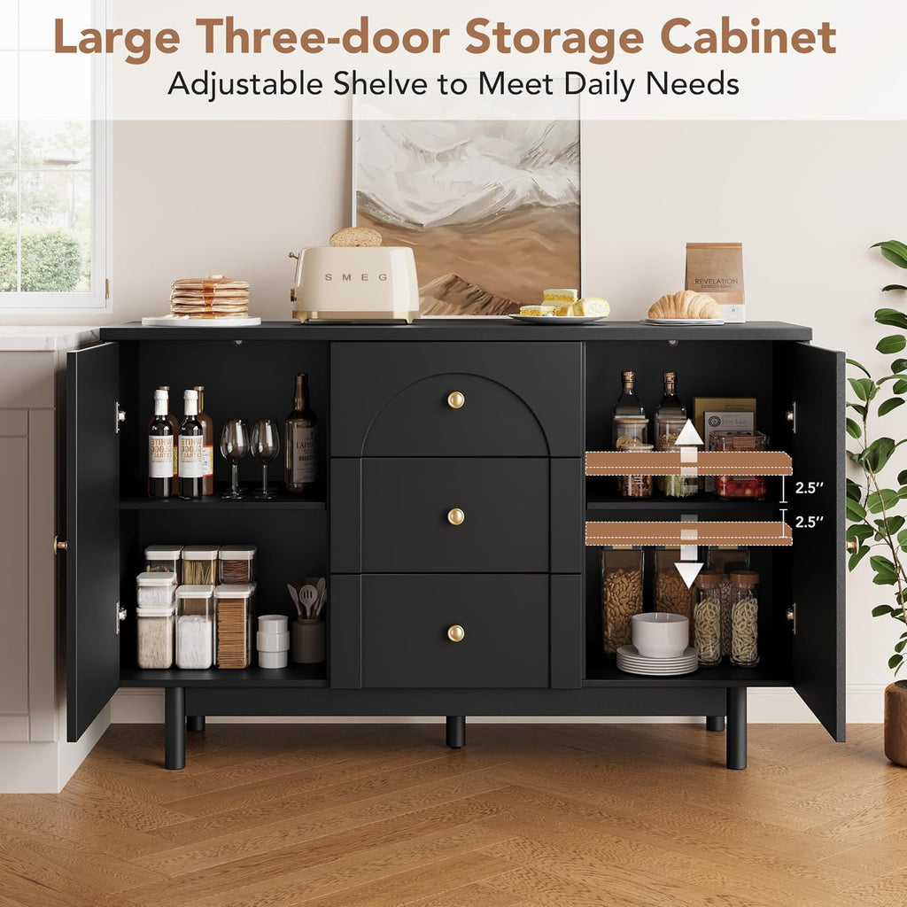 Sideboard, Wooden Sideboard Cabinet with Adjustable Shelf, 3 Drawers and 2 Doors, Modern Cabinet for Living Room, Hallway, Kitchen, Black