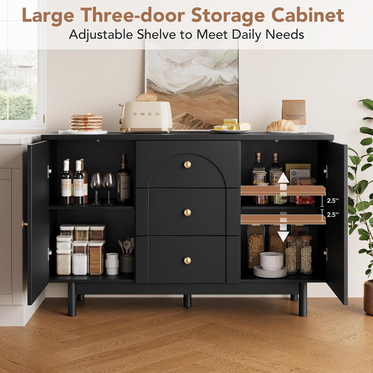 Sideboard, Wooden Sideboard Cabinet with Adjustable Shelf, 3 Drawers and 2 Doors, Modern Cabinet for Living Room, Hallway, Kitchen, Black