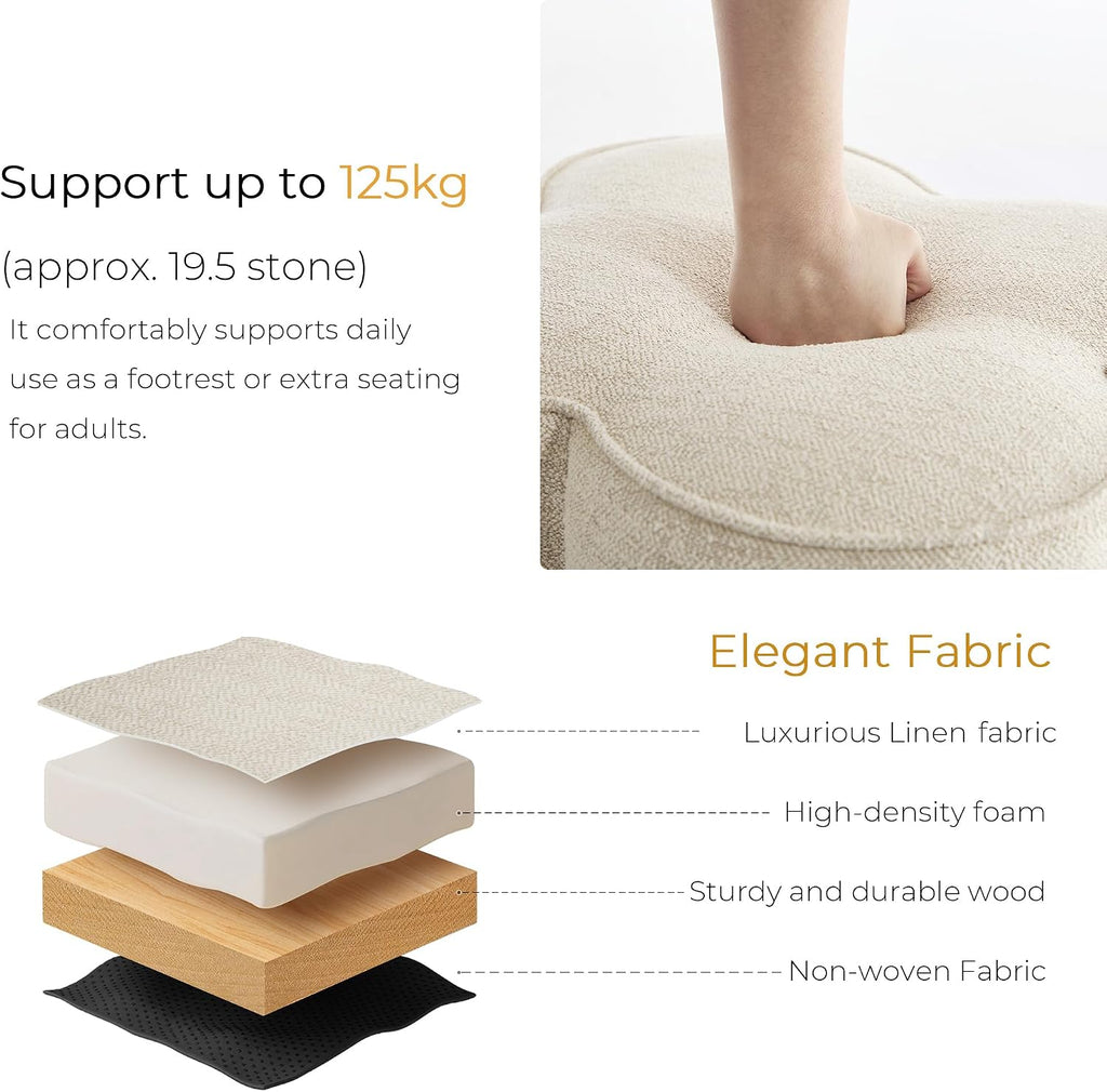 Petal Ottoman Foot Stool, Flower-Shaped Pouffe Footstool, Beige | Linen Upholstered Vanity Stool, Wood Frame, 125Kg Capacity, No Assembly, Foot Rest for Sofa Living Room Bedroom