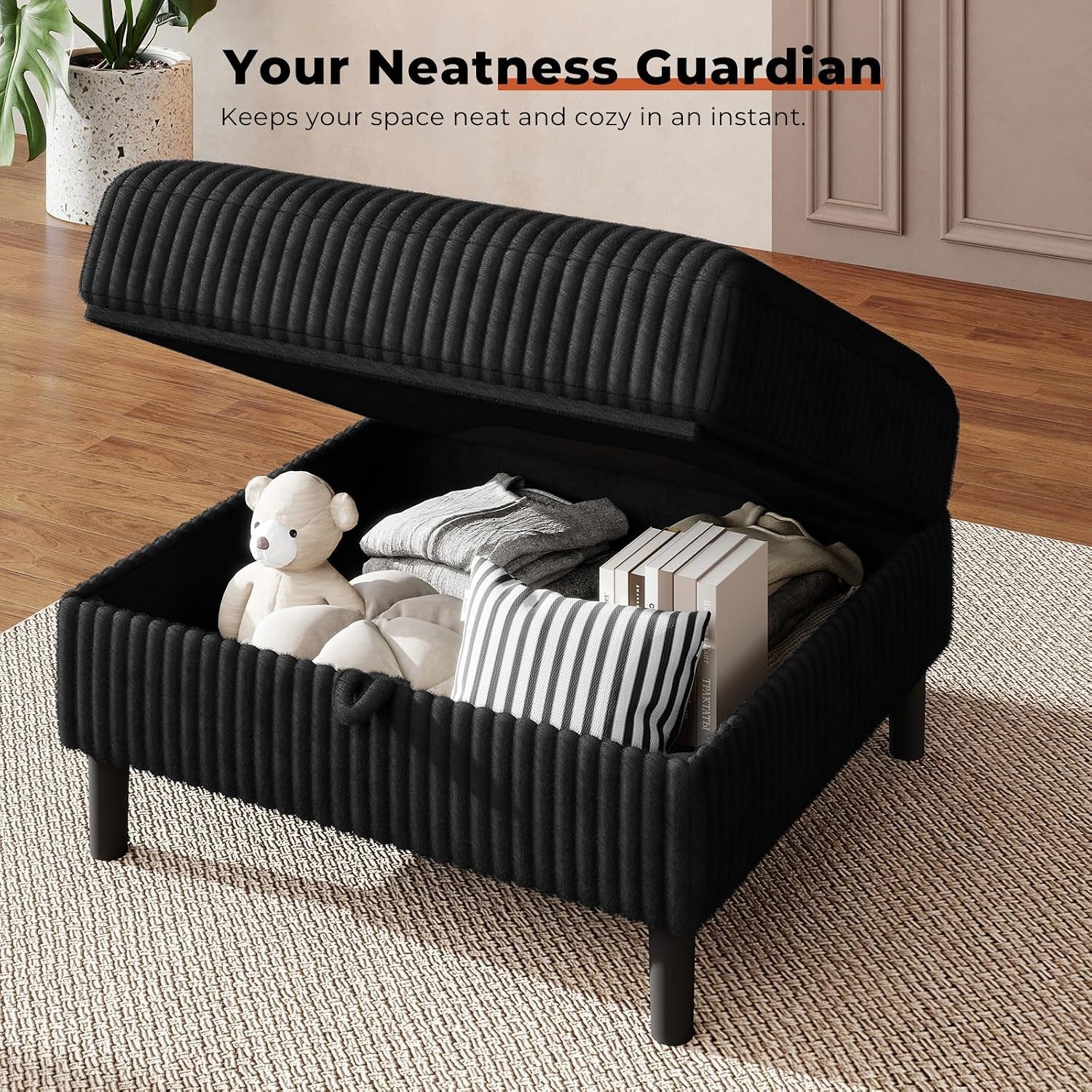 200Cm L Shaped Sofa with Movable Storage Ottoman, Black | 3-Seater Modular Sectional Sofa, Corduroy Couch, Wooden Frame, Deep Seat, Ideal for Living Room