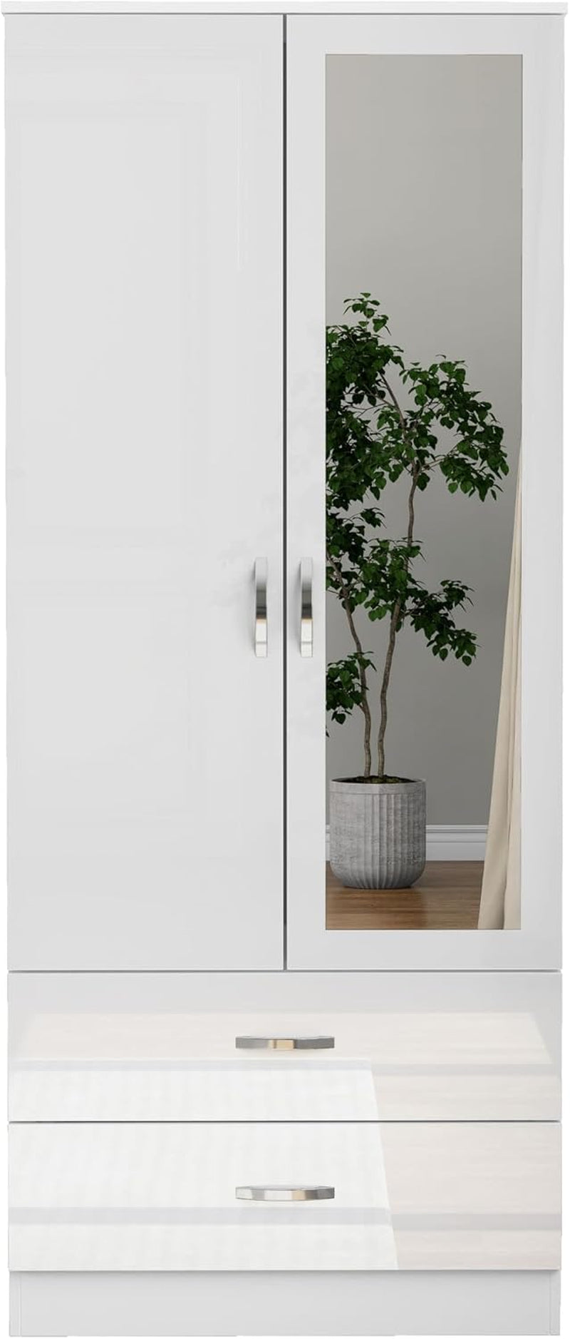 Gloss 2 Door Wardrobe with Mirror N Drawer 180Cm for Bedroom Storage, Gloss White(Matt White)