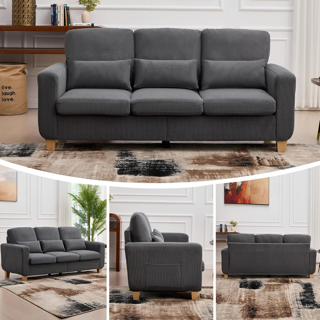 3 Seater Sofa, Corduroy Couch with Solid Wood Frame,Gray | 16Cm Thick High Density Foam, Removable Machine-Washable Covers, Solid Wood Frame, Easy Assembly, UK Fire Safety Compliant.