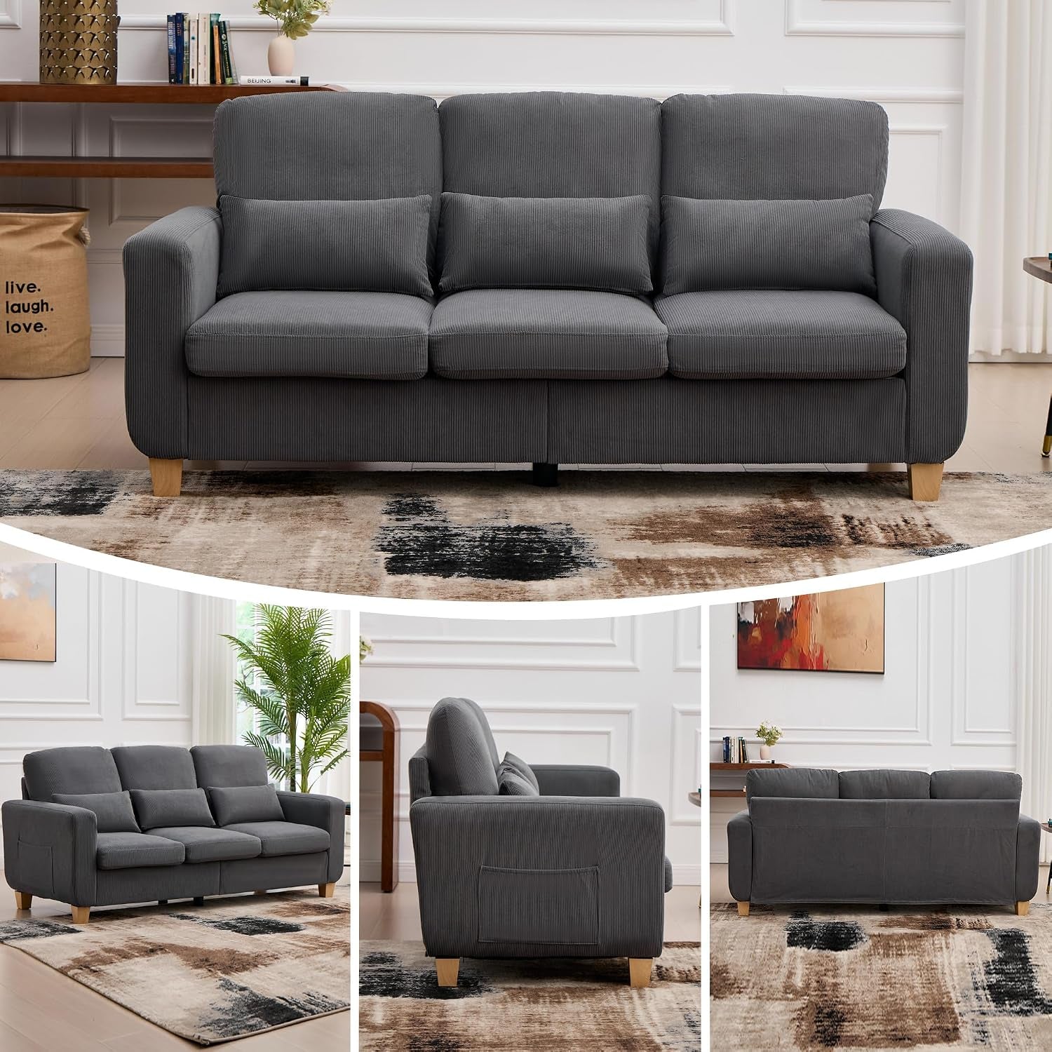 3 Seater Sofa, Corduroy Couch with Solid Wood Frame,Gray | 16Cm Thick High Density Foam, Removable Machine-Washable Covers, Solid Wood Frame, Easy Assembly, UK Fire Safety Compliant.