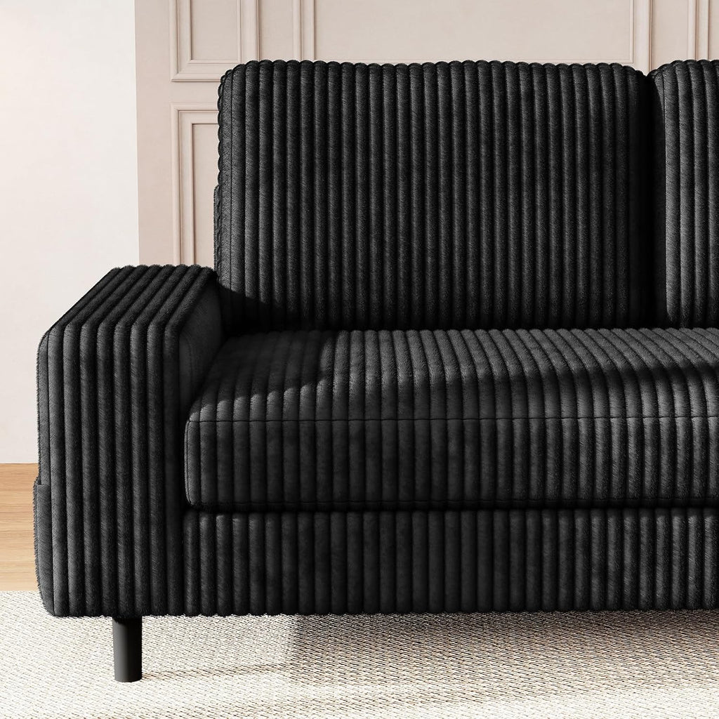 200Cm L Shaped Sofa with Movable Storage Ottoman, Black | 3-Seater Modular Sectional Sofa, Corduroy Couch, Wooden Frame, Deep Seat, Ideal for Living Room