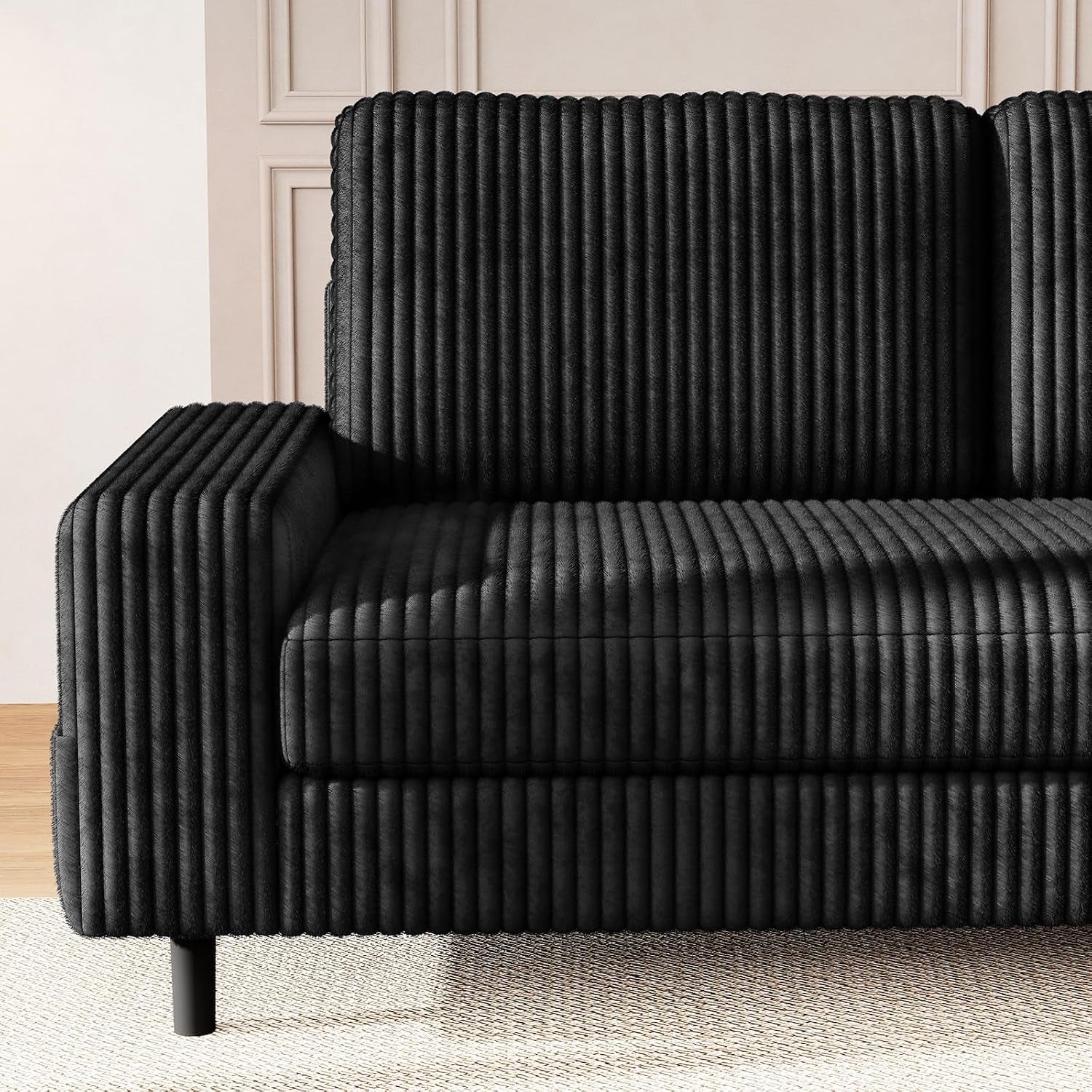 200Cm L Shaped Sofa with Movable Storage Ottoman, Black | 3-Seater Modular Sectional Sofa, Corduroy Couch, Wooden Frame, Deep Seat, Ideal for Living Room