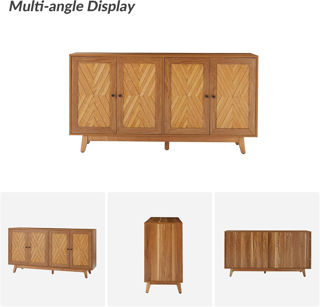 145 Cm Mid-Century Sideboard with Adjustable Shelves, Walnut | 4-Door Storage Cabinet with Chevron-Patterned Design, Solid Wood Legs, Ample Storage for Living Room or Dining Room