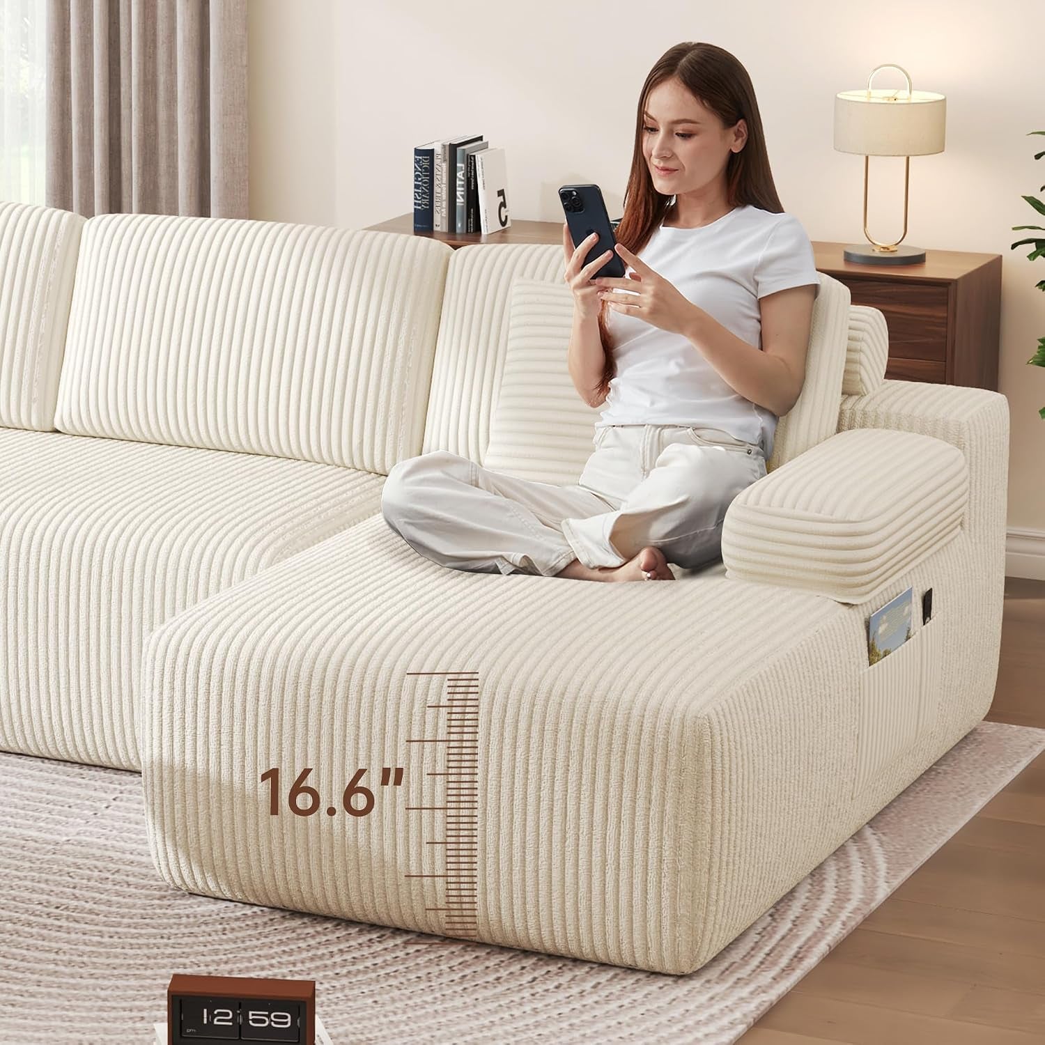 320Cm U Shaped Sofa Modular Convertible Boneless Couch | Comfort Sectional Sofa Couch, Modern Corduroy Deep Seat Couch, Convertible 4-Seater for Living Room (Beige)