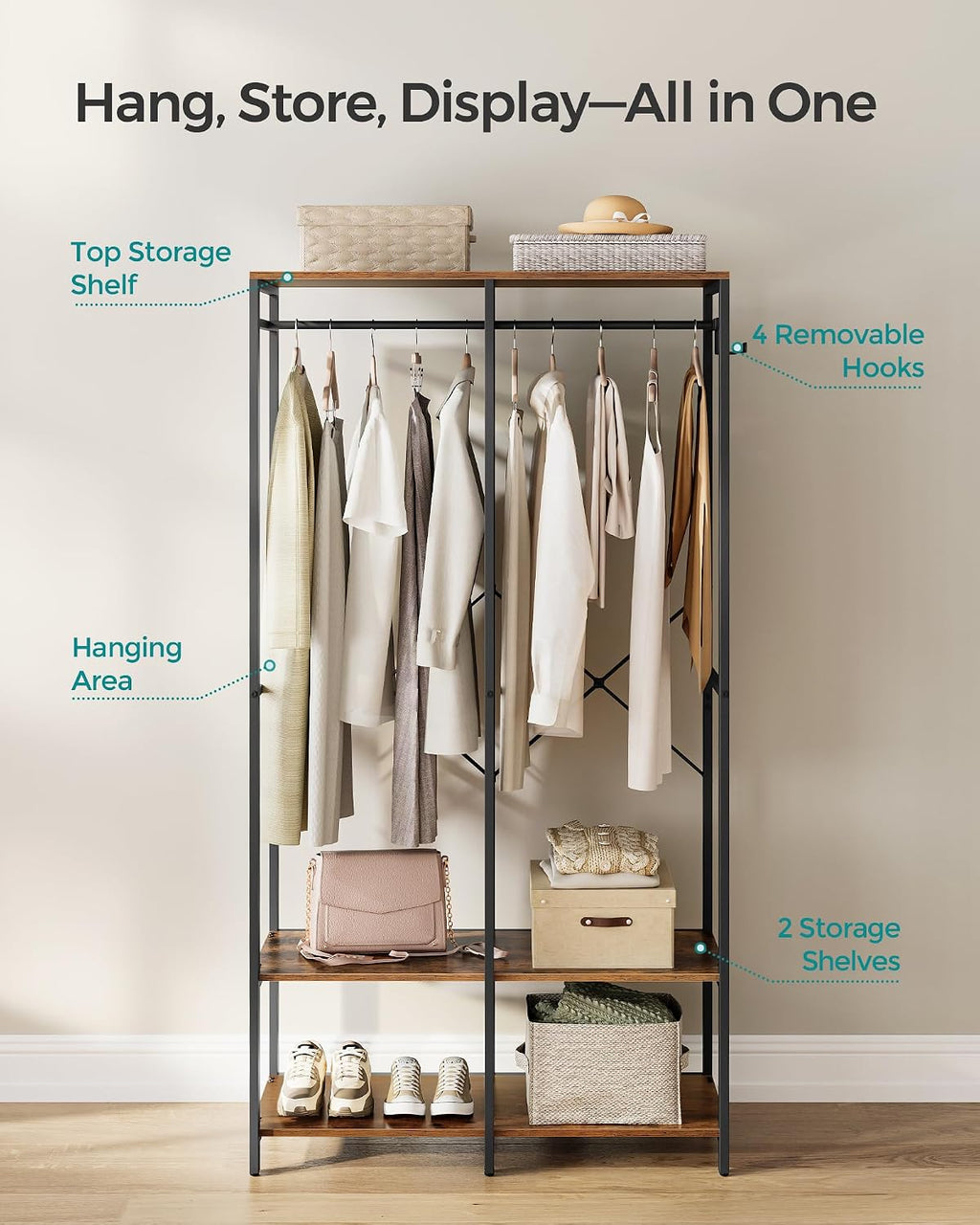 Portable Clothes Wardrobe, Foldable Closet, Clothes Rack Freestanding, Closet Organiser, with Hanging Rods, Storage Shelves, Removable Hooks, 40 X 94.5 X 180 Cm, Rustic Brown RGR004B01