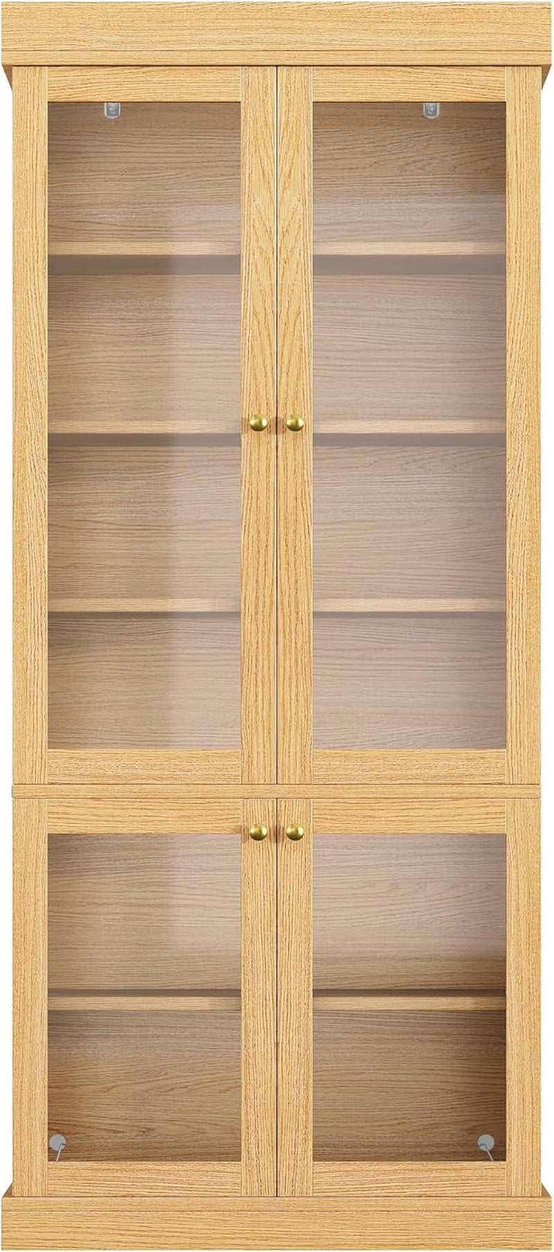 Modern Display Cabinets Combo with Glass Doors & LED Lights, Freestanding Bookcase/Cabinet for Living Room, Oak Colour