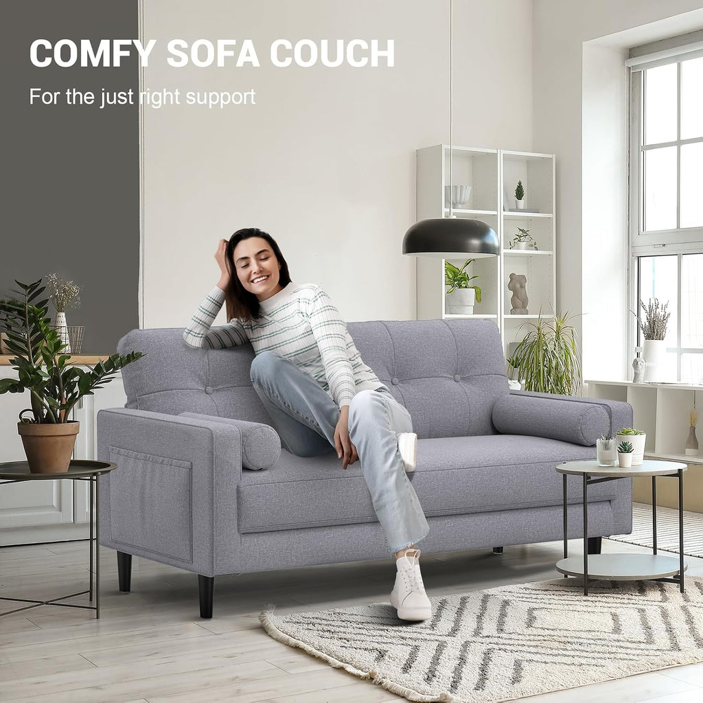 2 Seater Sofa, Thick Cushions,2 Pillows & Pockets (Ash Grey) | Comfy Linen 2 Seater Sofa Couch, 2 Pillows & Side Pockets Storage, Ergonomic Design, Easy Assembly for Living Room, Office