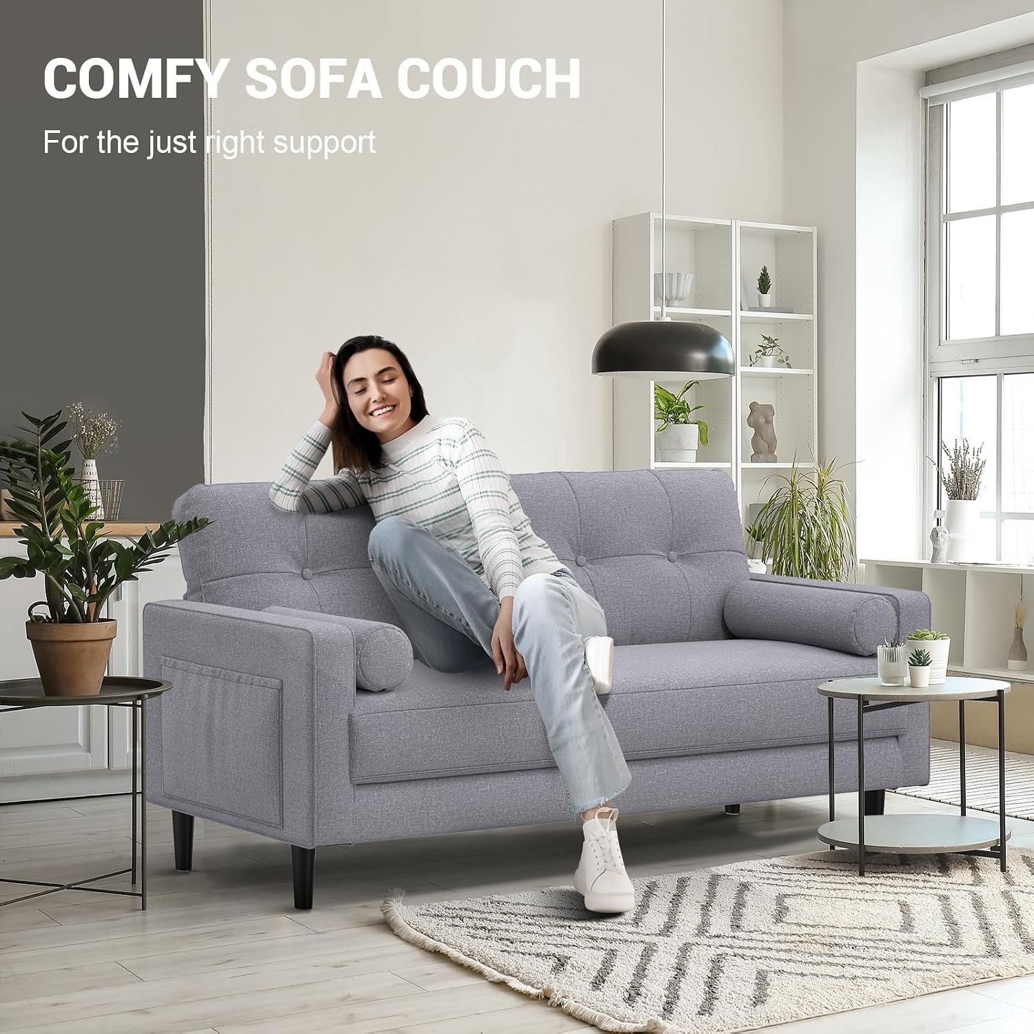 2 Seater Sofa, Thick Cushions,2 Pillows & Pockets (Ash Grey) | Comfy Linen 2 Seater Sofa Couch, 2 Pillows & Side Pockets Storage, Ergonomic Design, Easy Assembly for Living Room, Office