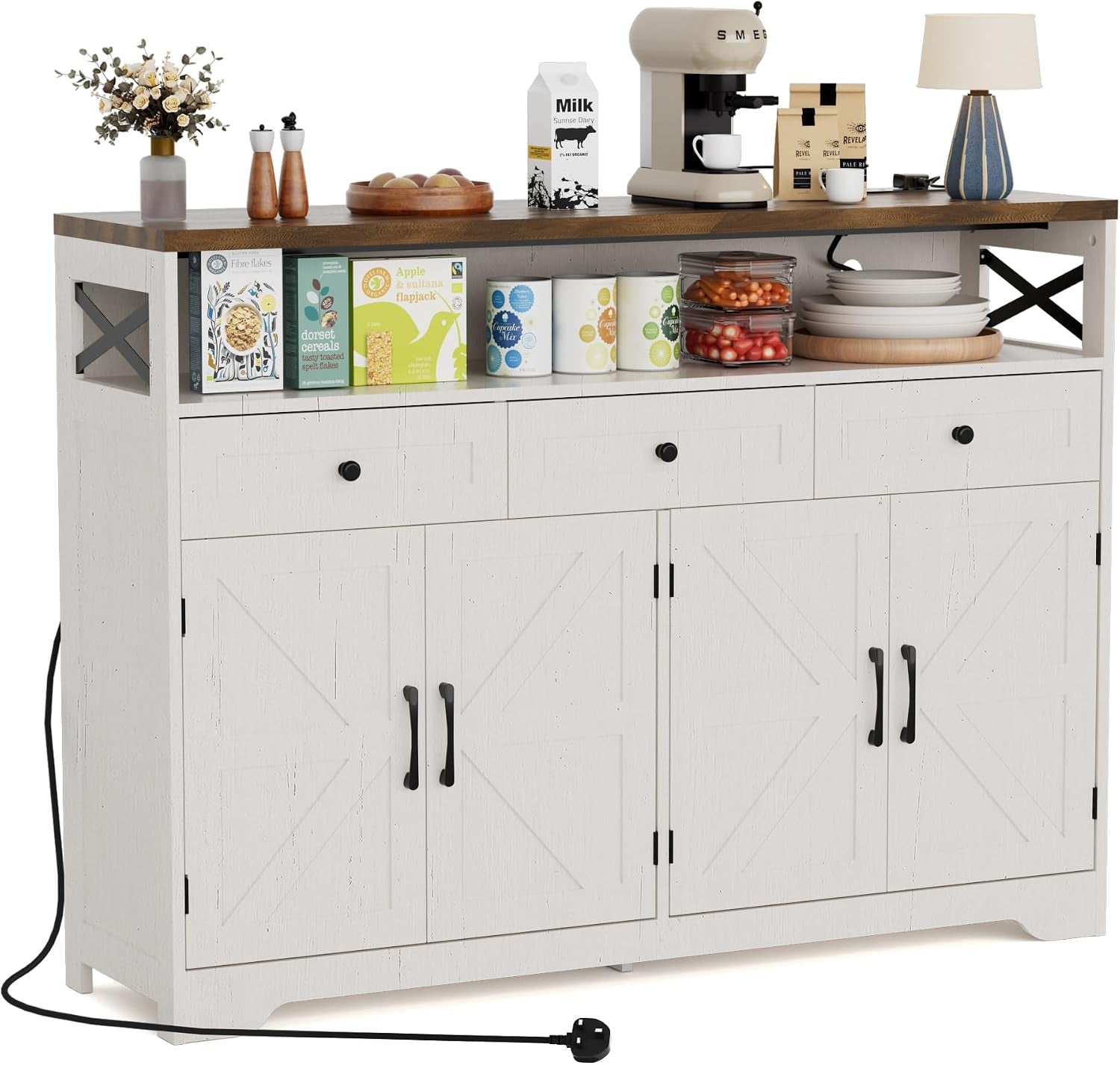 Sideboards Cabinet with Power Outlets,Wooden Storage Sideboard with Adjustable Shelf,3 Drawers and Open Shelf,Buffet Cupboard for Living Room,Kitchen,Hallway, Dining Room,Woodgrain White