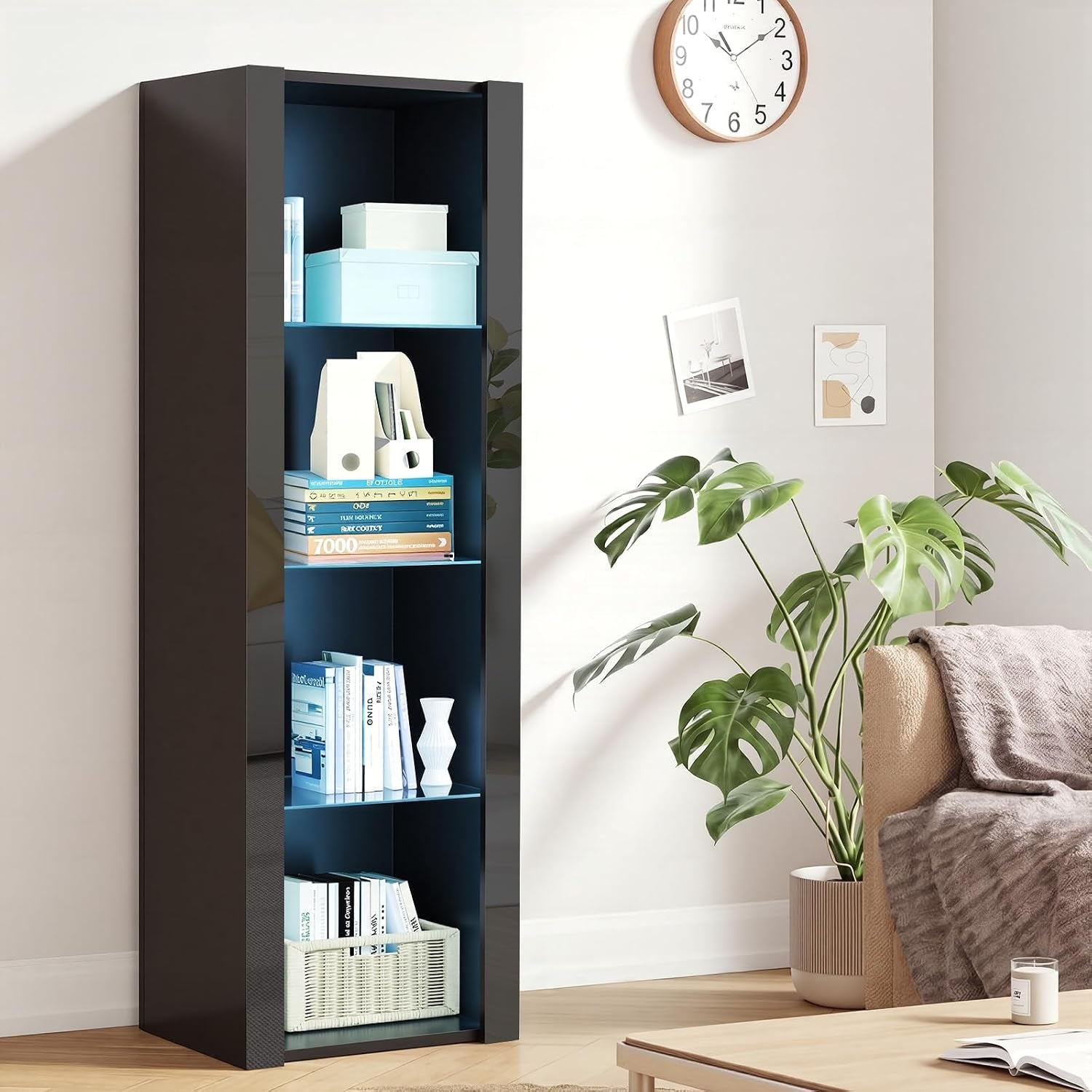 LED Tall Display Cabinet with Glass Shelf Modern Sideboard Cupboard Unit for Living Room Bedroom Furniture (Black Matt Body & Black High Gloss Fronts)