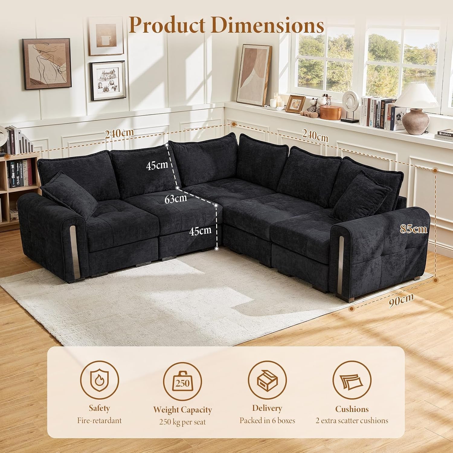 5 Seater Modular Corner Sofa with Storage, Chenille, Dark Grey | Cloud Comfort, Deep Seat, Convertible L Shaped 2C2 Corner Sofas, Easy Assembly, Sectional Couch for Living Room, Apartment