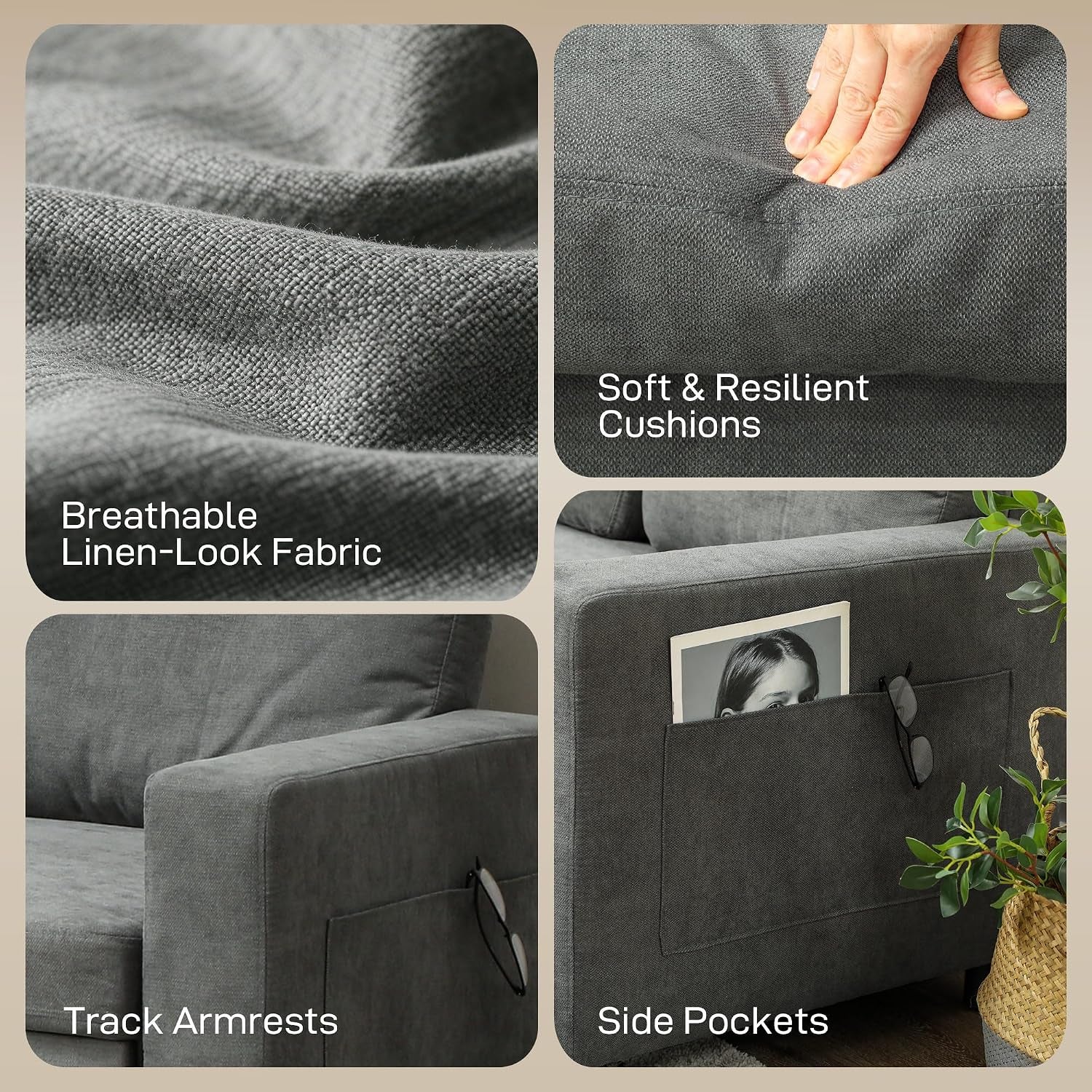 Sofa Bed with Storage Convertible L Shaped Couch Charcoal Grey | Corner Sleeper Couch, 3 Seater Pull Out Sofa Bed, Reversible Chaise, Side Pockets, Living Room, Bedroom, Small Spaces