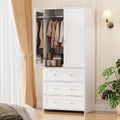71" Tall Armoire Wardrobe Closet with Drawers and Mirror | Clothing Storage Cabinet with Hanging Rod, 2 Doors Wooden Wardrobe Cabinet for Bedroom, Large Capacity Storage (White)