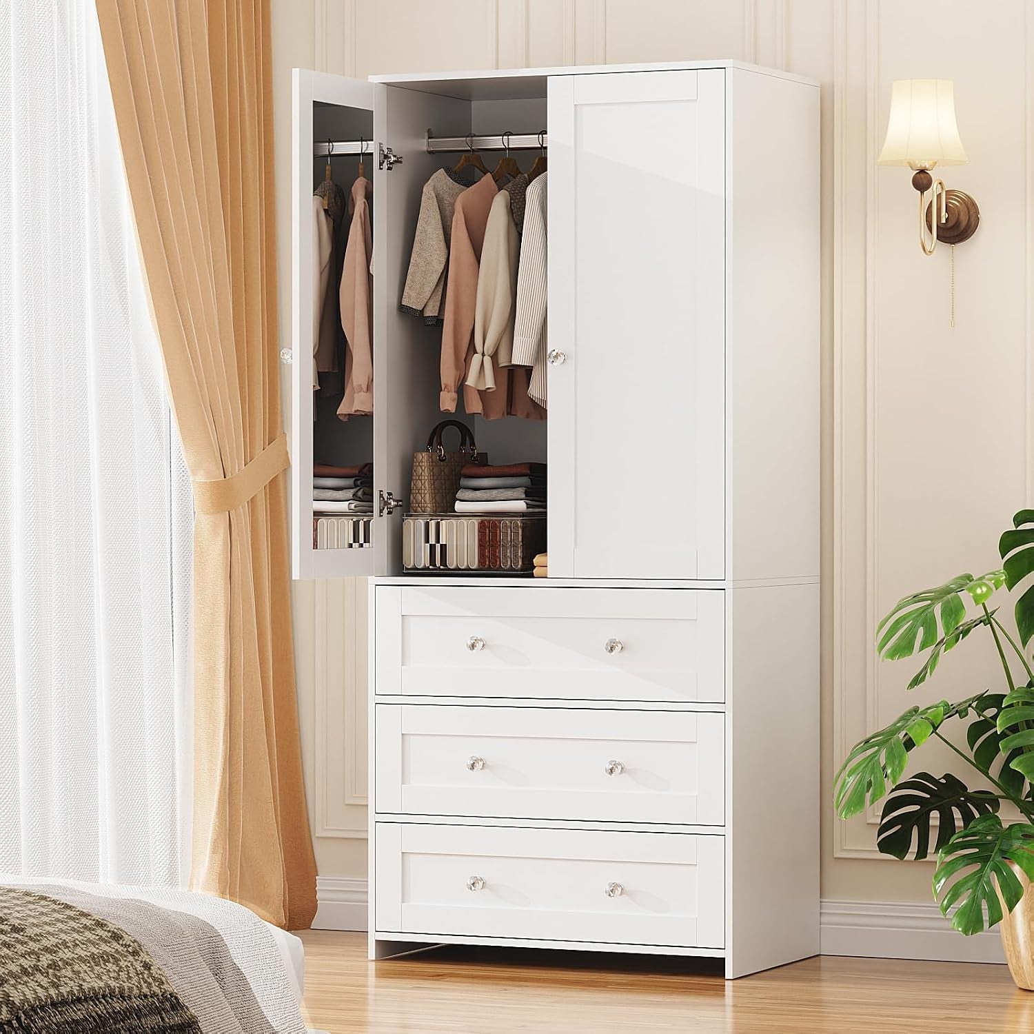 71" Tall Armoire Wardrobe Closet with Drawers and Mirror | Clothing Storage Cabinet with Hanging Rod, 2 Doors Wooden Wardrobe Cabinet for Bedroom, Large Capacity Storage (White)