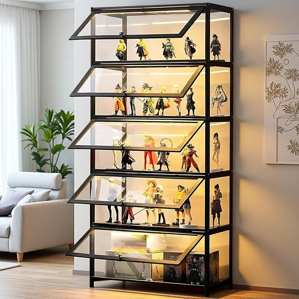 Display Cabinet with Acrylic Glass Door, 5 Tier Curio Display Case, Collectibles Toy Organizers Rack & Display Shelf, Kids Bookcase for Bedroom Reading Room (Black-Flip Door)
