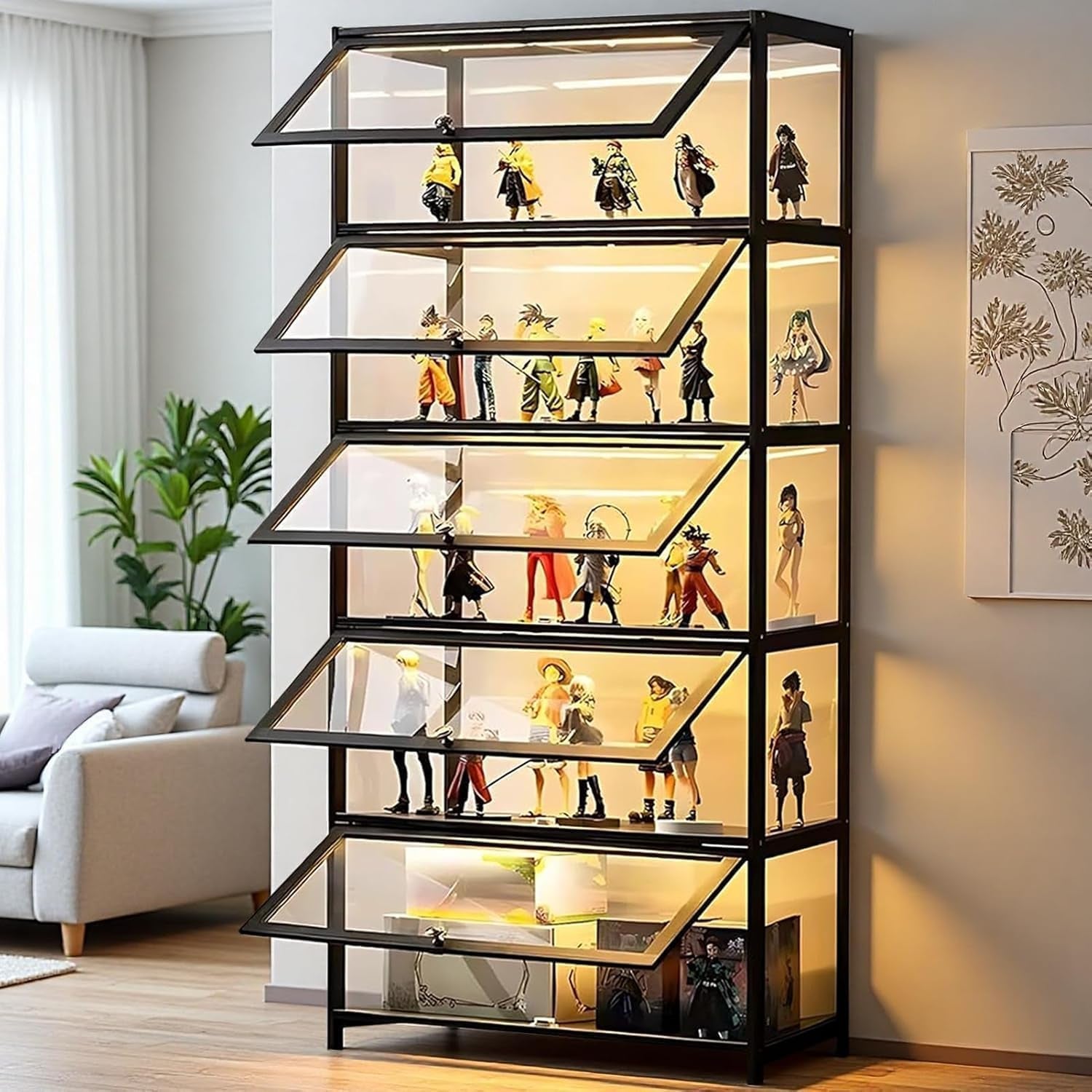 Display Cabinet with Acrylic Glass Door, 5 Tier Curio Display Case, Collectibles Toy Organizers Rack & Display Shelf, Kids Bookcase for Bedroom Reading Room (Black-Flip Door)