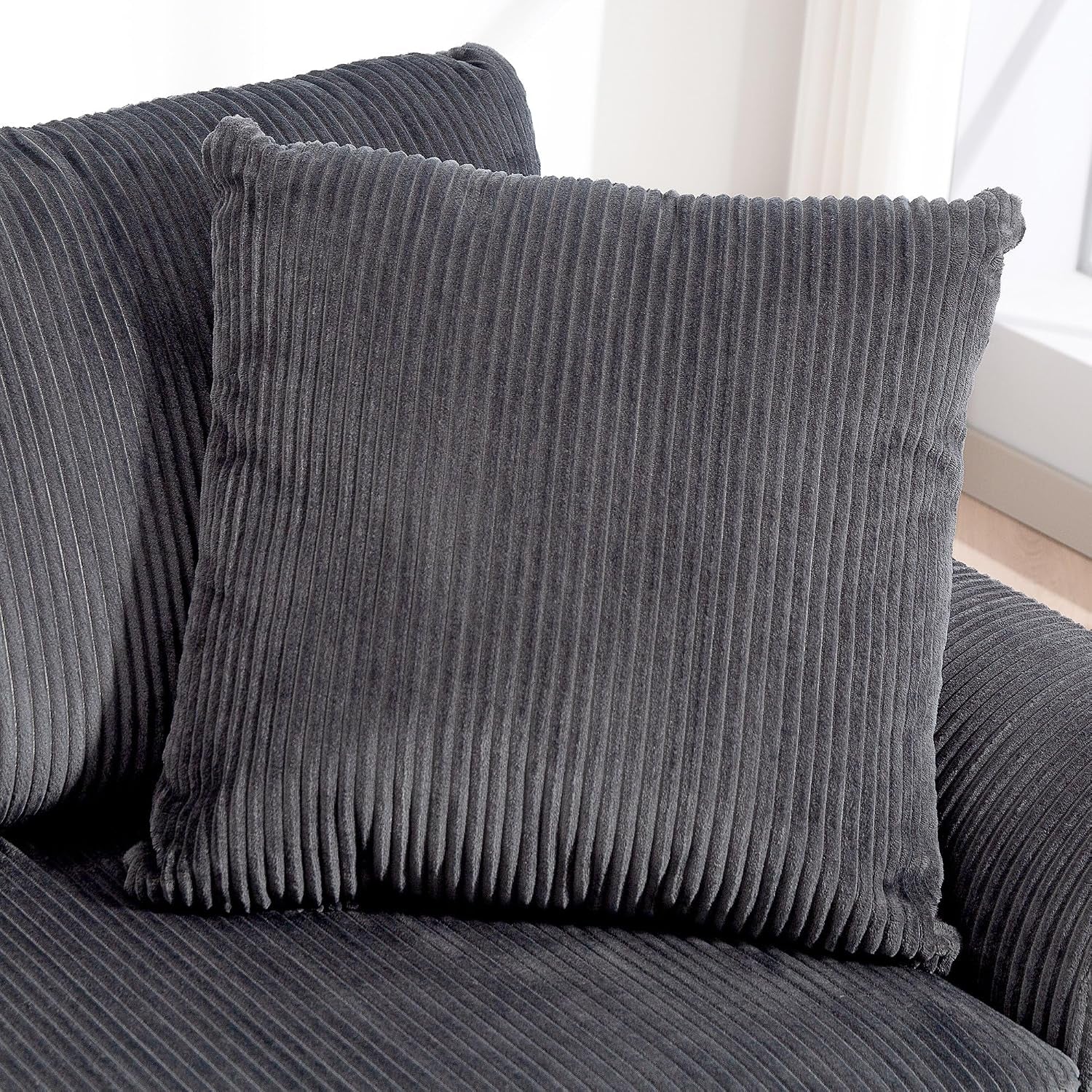 Modern 3 Seater Sofa with Spring Cushion Fabric 212 Cm Grey | Jumbo Cord Sofa Couch, 2 Scatter Cushions, Upholstered Corduroy Settee, Living Room, Bedroom, Home Office