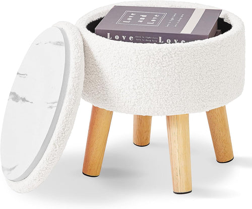 13 Inch Small Footstool Ottoman with Storage, round Pouffe Foot Rest with Padded Seat and Wood Legs, Teddy Velvet Mini Footstool for Living Room Couch Bedroom Entryway, Cream WBD006W