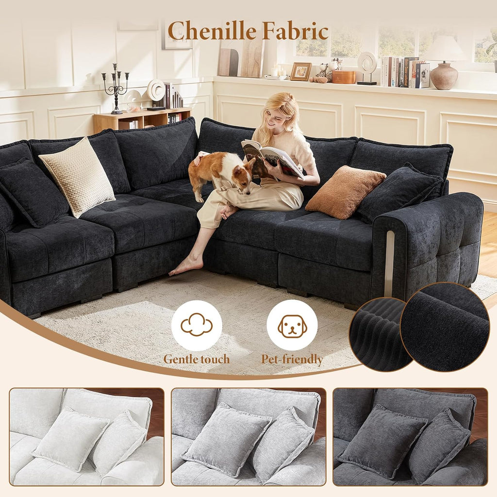 5 Seater Modular Corner Sofa with Storage, Chenille, Dark Grey | Cloud Comfort, Deep Seat, Convertible L Shaped 2C2 Corner Sofas, Easy Assembly, Sectional Couch for Living Room, Apartment