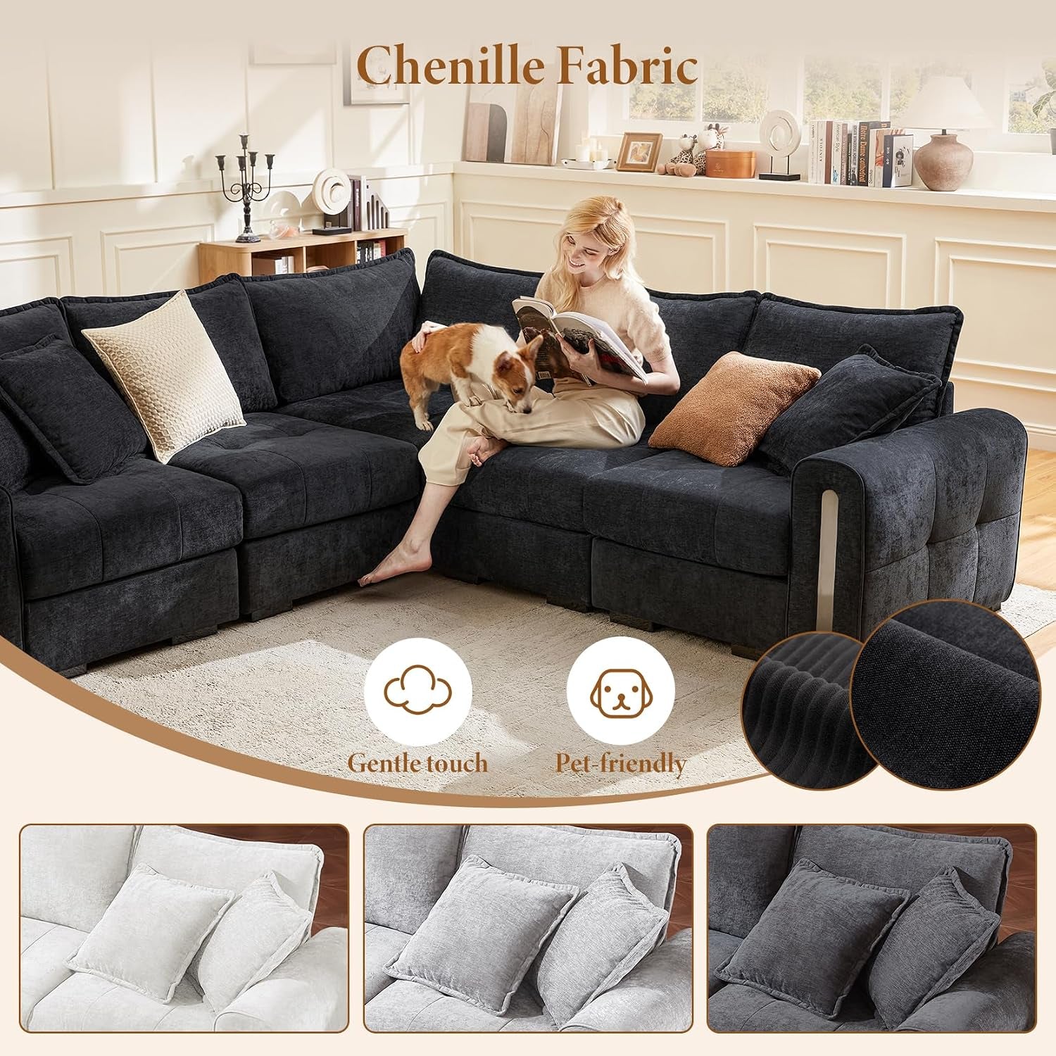 5 Seater Modular Corner Sofa with Storage, Chenille, Dark Grey | Cloud Comfort, Deep Seat, Convertible L Shaped 2C2 Corner Sofas, Easy Assembly, Sectional Couch for Living Room, Apartment