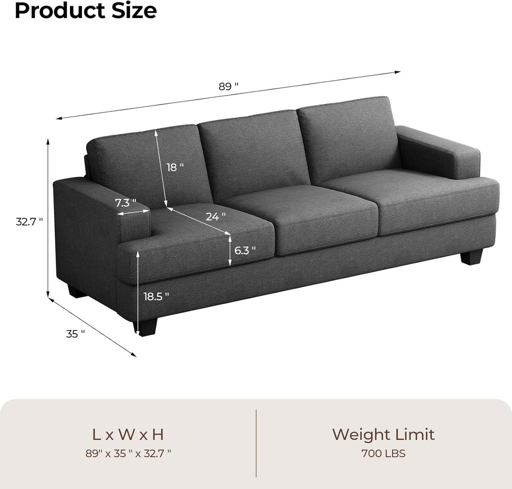 226CM Sofa Couch, 3 Seater Sofa with Suppleness Armrests, Linen Fabric Deep Seat Sofa with Upholstered Cushion& Backrests, Modern Comfy Couch for Living Room Apartment Office