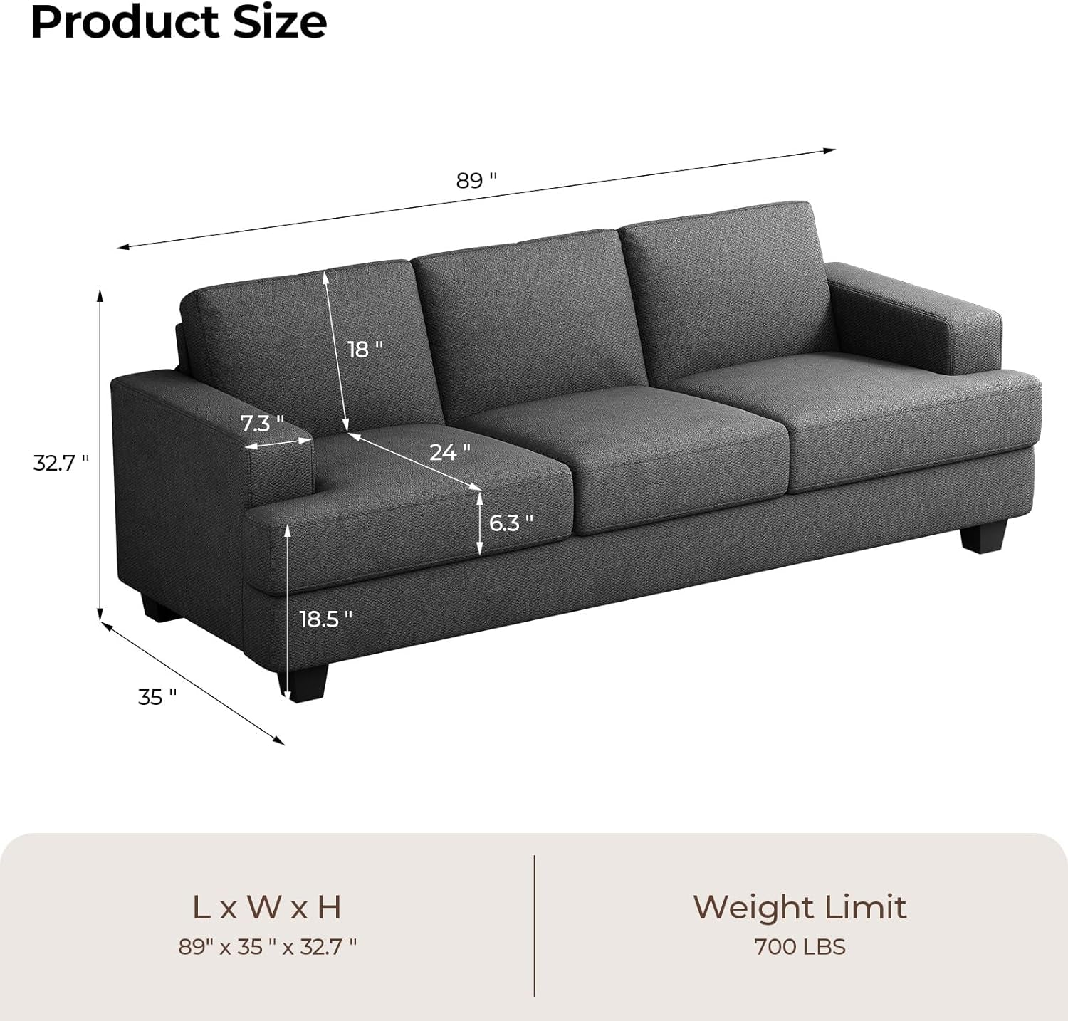 226CM Sofa Couch, 3 Seater Sofa with Suppleness Armrests, Linen Fabric Deep Seat Sofa with Upholstered Cushion& Backrests, Modern Comfy Couch for Living Room Apartment Office