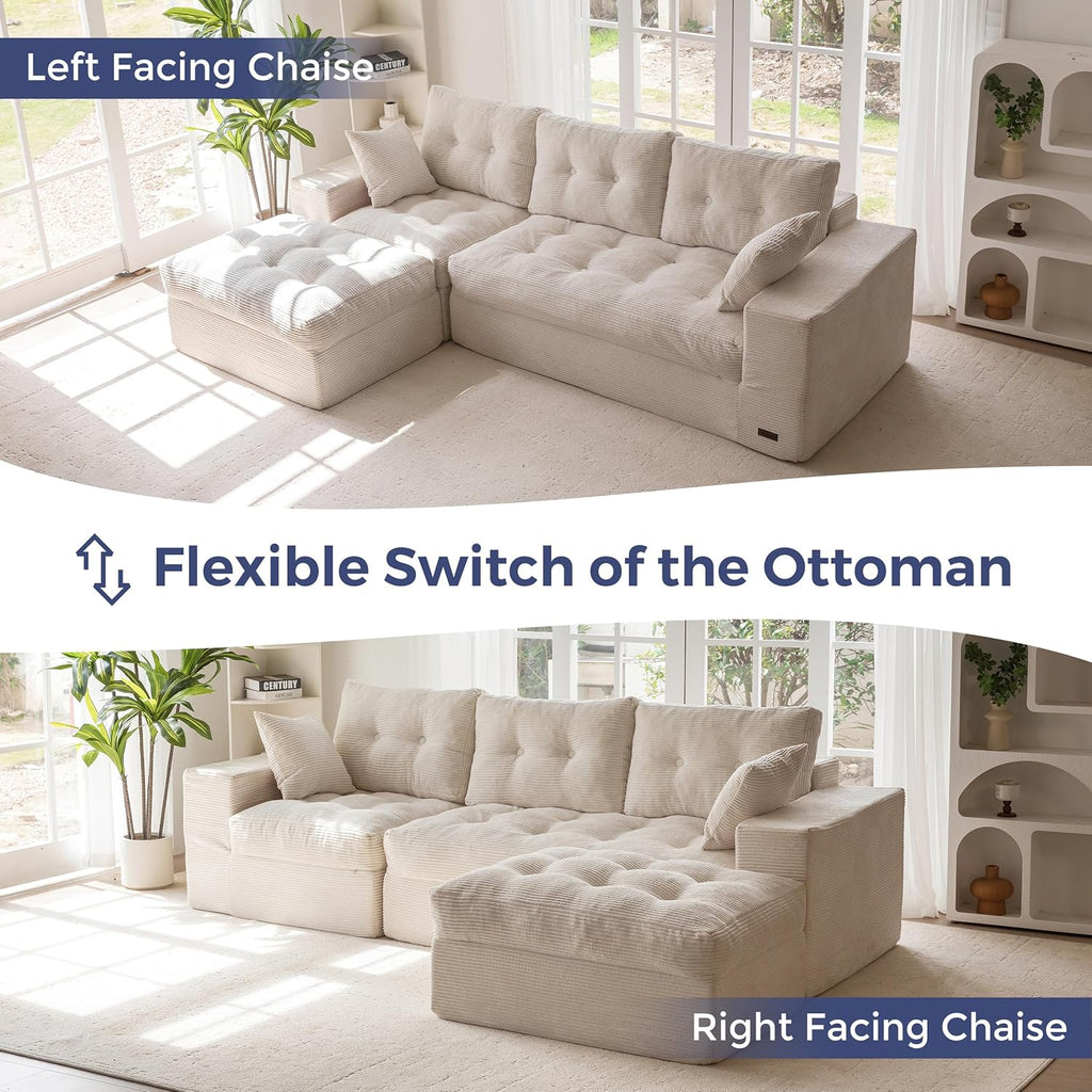 Modular Sectional Sofa,Jumbo Cord 3-4 Seater Corner Sofa Left/Right Hand Facing Corduroy L Shaped Couch for Living Room Bedroom, No Assembly Required Off-White