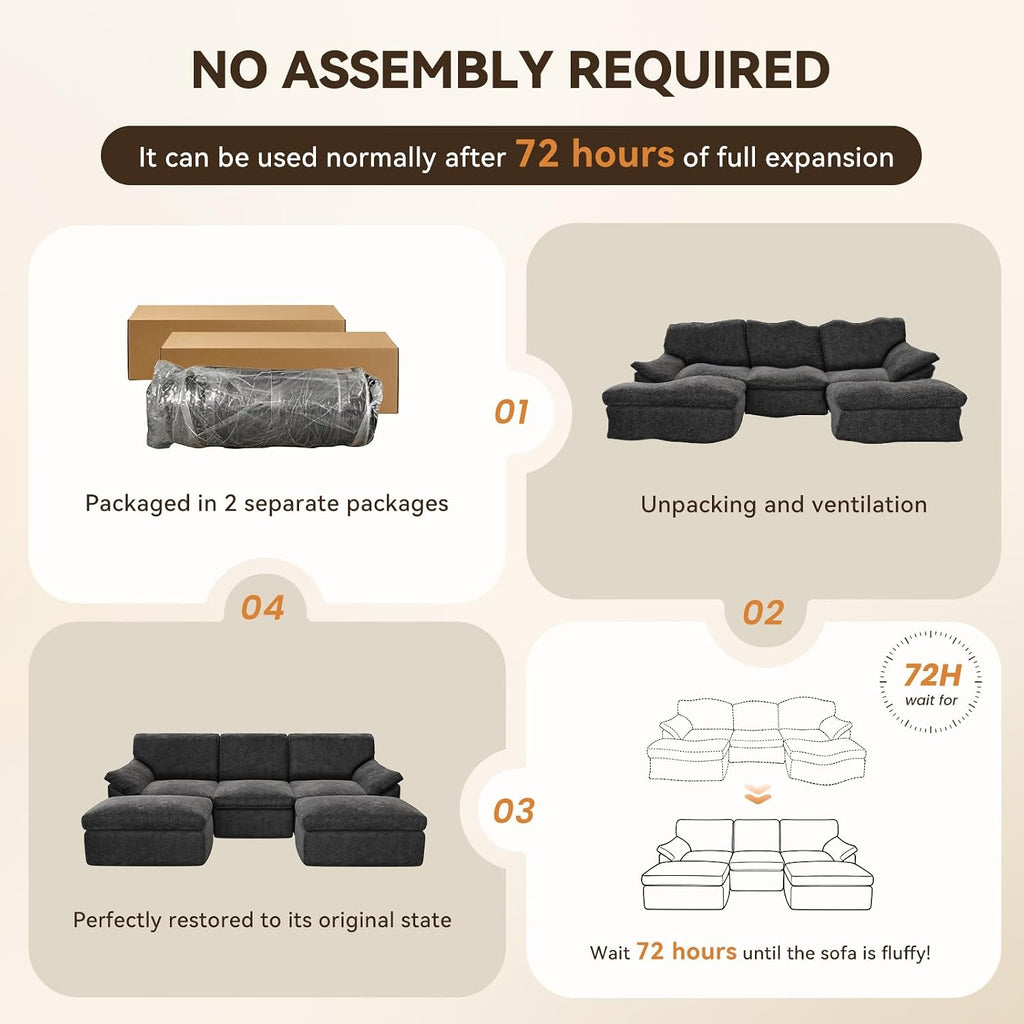 Boneless Cloud Sectional Sofa, 240Cm Modular Chenille Couch, Grey | No Assembly Needed, Expands in 72Hrs, 380Gsm Skin-Friendly Chenille Fabric, Perfect for Living Rooms & Apartments