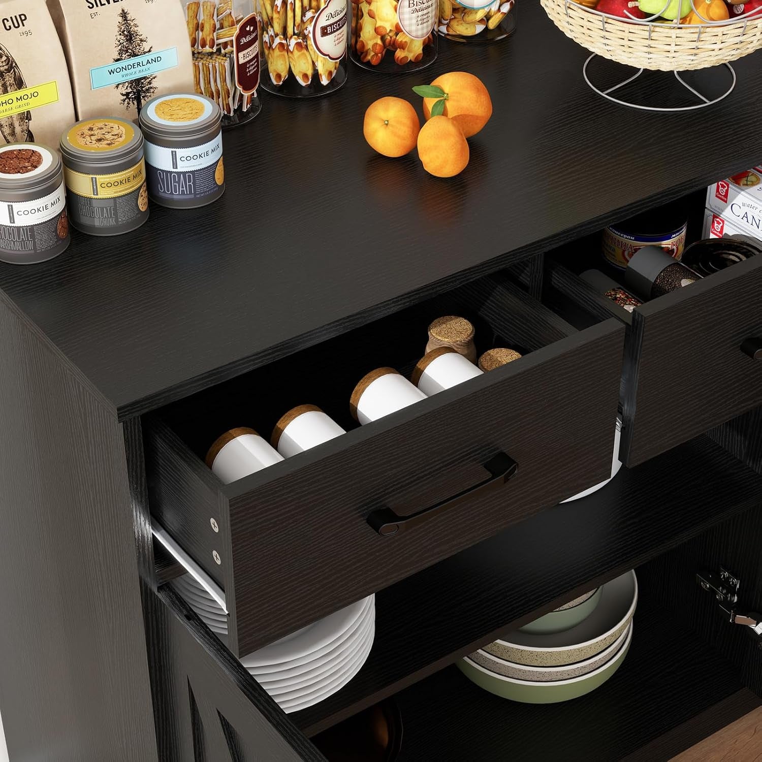 Wooden Sideboard 3 Drawers 3 Doors Entryway Dining Room Console Living Room Storage Farmhouse Sideboard Cabinet (Black)