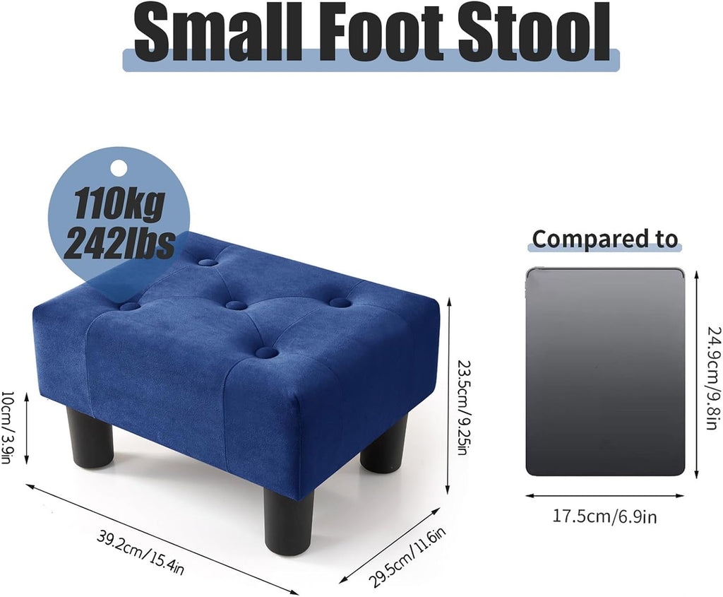 Small Foot Stool, Velvet Footstool with Legs, Footstools for Living Room, Ottoman Footrest Extra Seating for Entryway, Blue