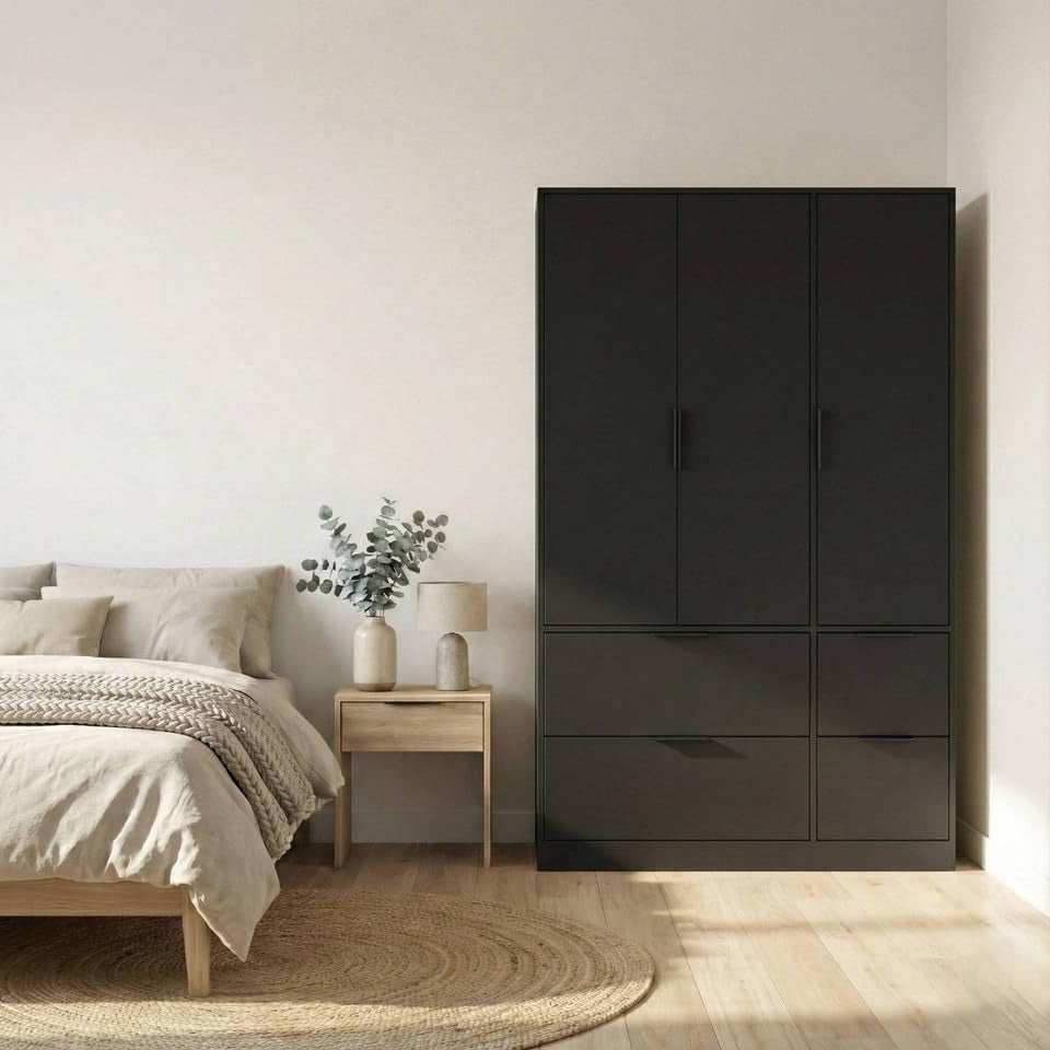 3 Door Wardrobe with 4 Drawers – Wooden Bedroom Storage Cupboard with Hanging Rail for Clothes - Black Unit & Black Doors & Drawers