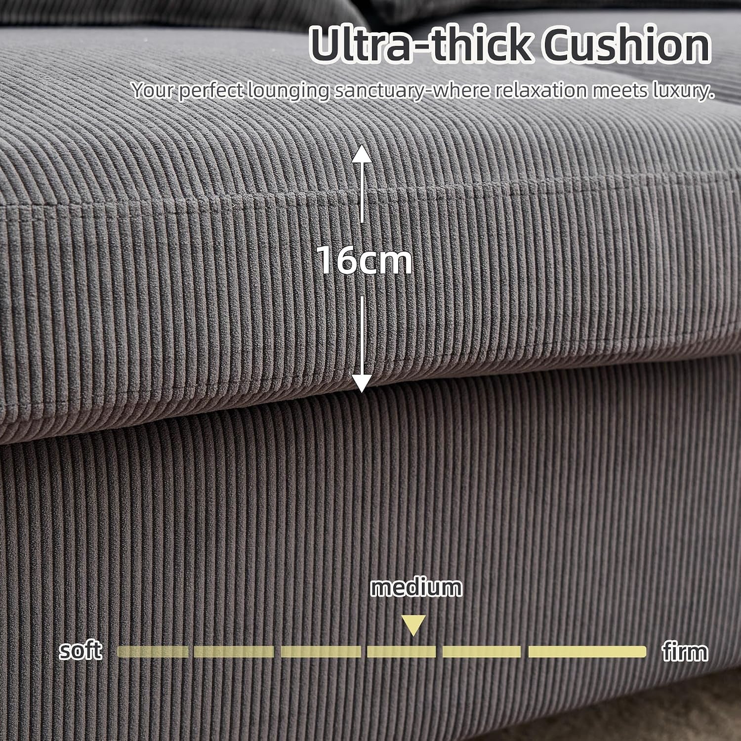 3 Seater Sofa, Corduroy Couch with Solid Wood Frame,Gray | 16Cm Thick High Density Foam, Removable Machine-Washable Covers, Solid Wood Frame, Easy Assembly, UK Fire Safety Compliant.