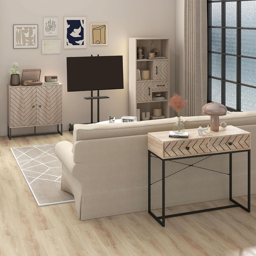 Sideboard Buffet Cabinet with Chevron Doors Metal Base Natural | Modern Accent Cabinet, Freestanding Storage Cupboard, Adjustable Shelf, Living Room, Dining Room